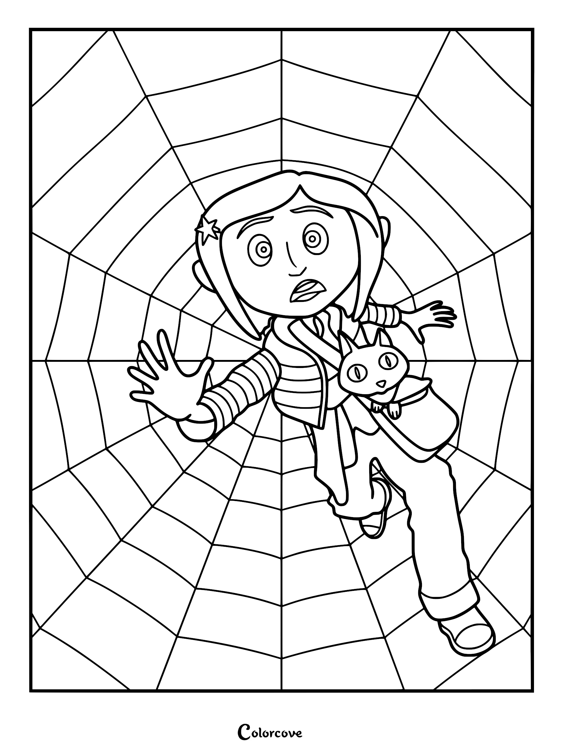 Coraline Jones wearing her striped sweater with the black cat tucked into her bag, running through a giant spider web, detailed printable coloring page.