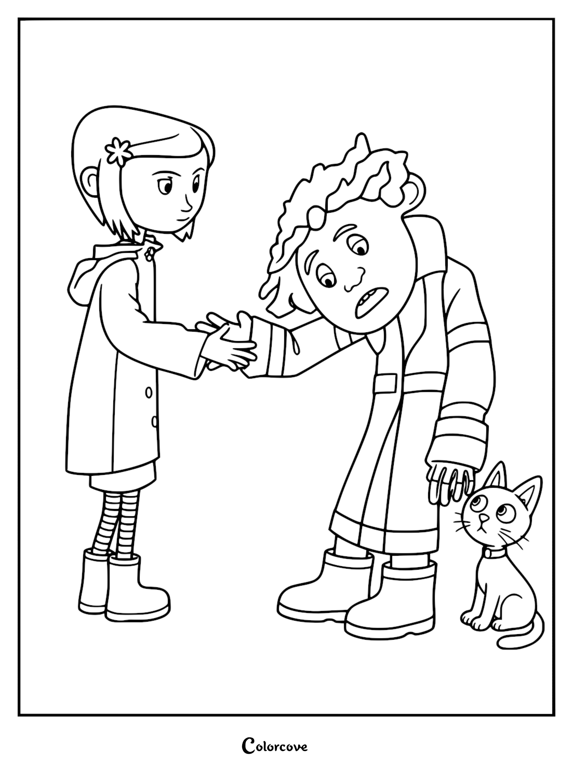 A printable coloring page featuring Coraline Jones in her yellow coat holding hands with Wybie Lovat while the black cat sits nearby.