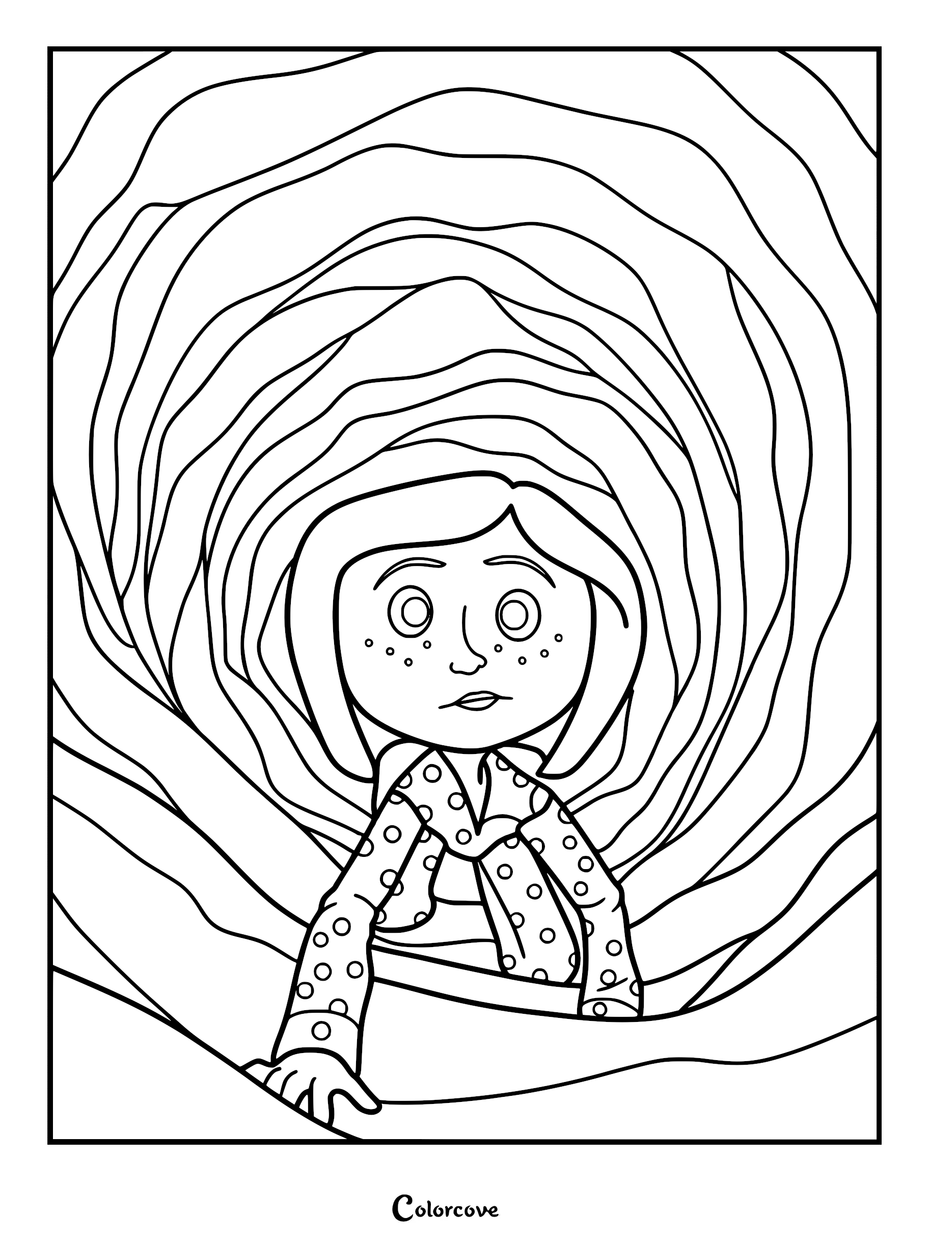 Coraline Jones in her polka dot shirt crawling through the dark, swirling tunnel in a printable coloring page.
