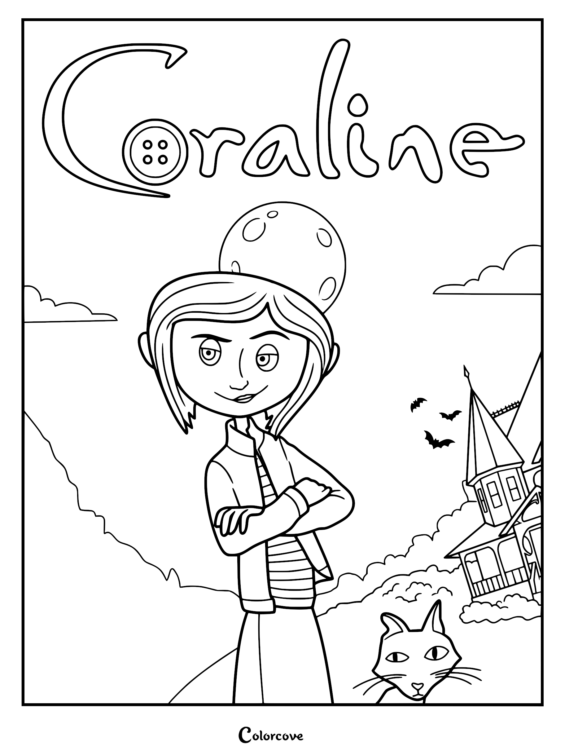 Coraline Jones standing with arms crossed next to the black cat in front of the Pink Palace Apartments on this printable coloring page.