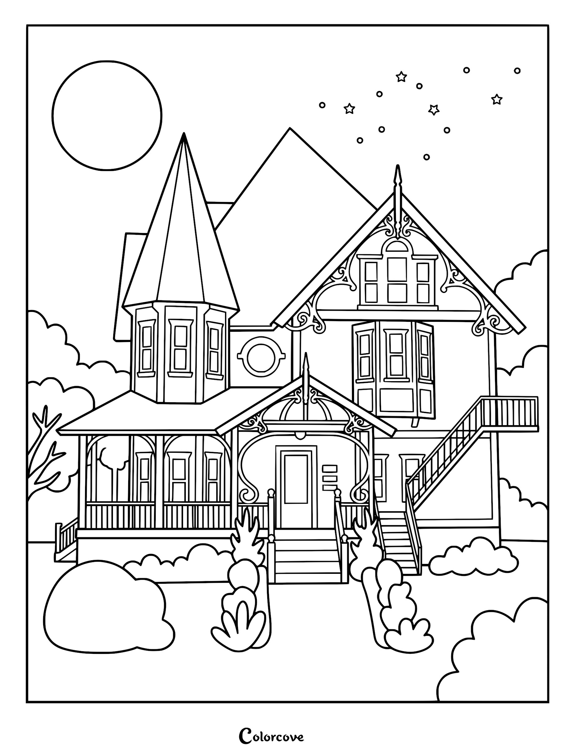 Intricate line art coloring page of the Coraline Pink Palace house with a tall turret, front porch, exterior stairs, and a full moon in the night sky.