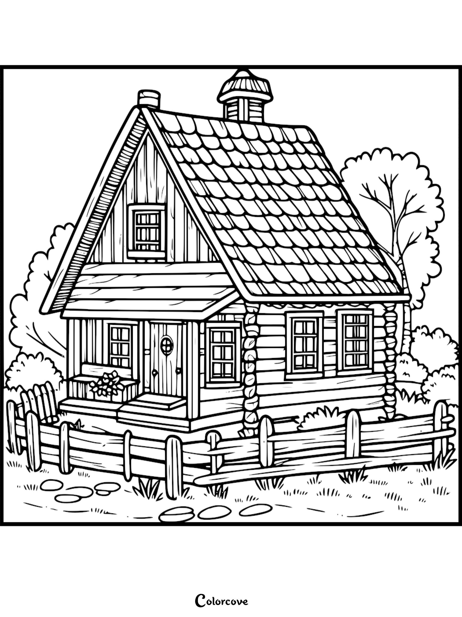 A printable cozy cottage coloring page featuring a rustic log cabin with a shingled roof, picket fence, and surrounding trees.