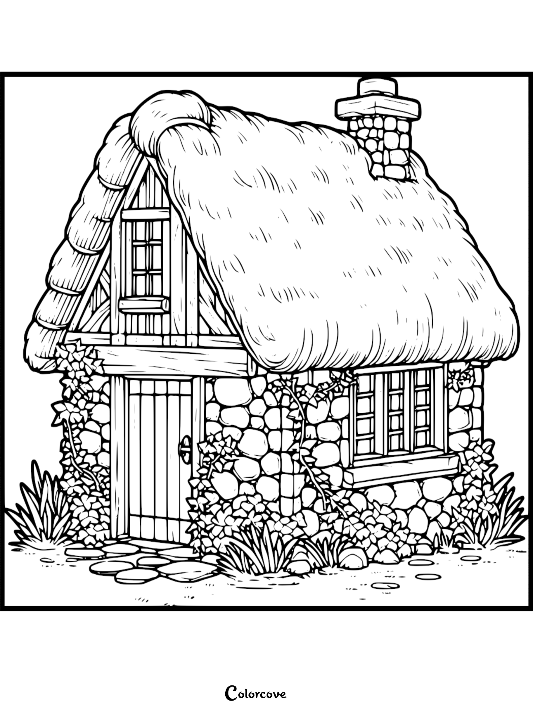 A detailed line art coloring page of a cozy cottage with a thatched roof, stone walls, and climbing ivy.