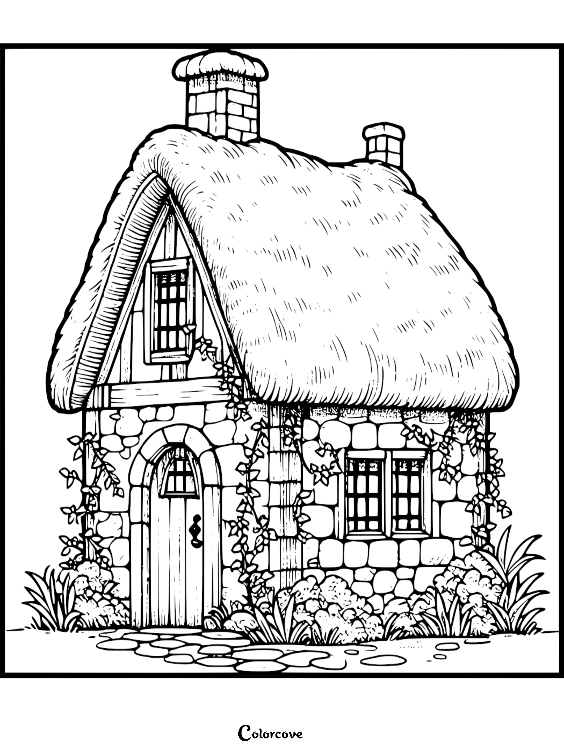 A detailed cozy cottage coloring page featuring a stone house with a thatched roof, arched doorway, and climbing vines.