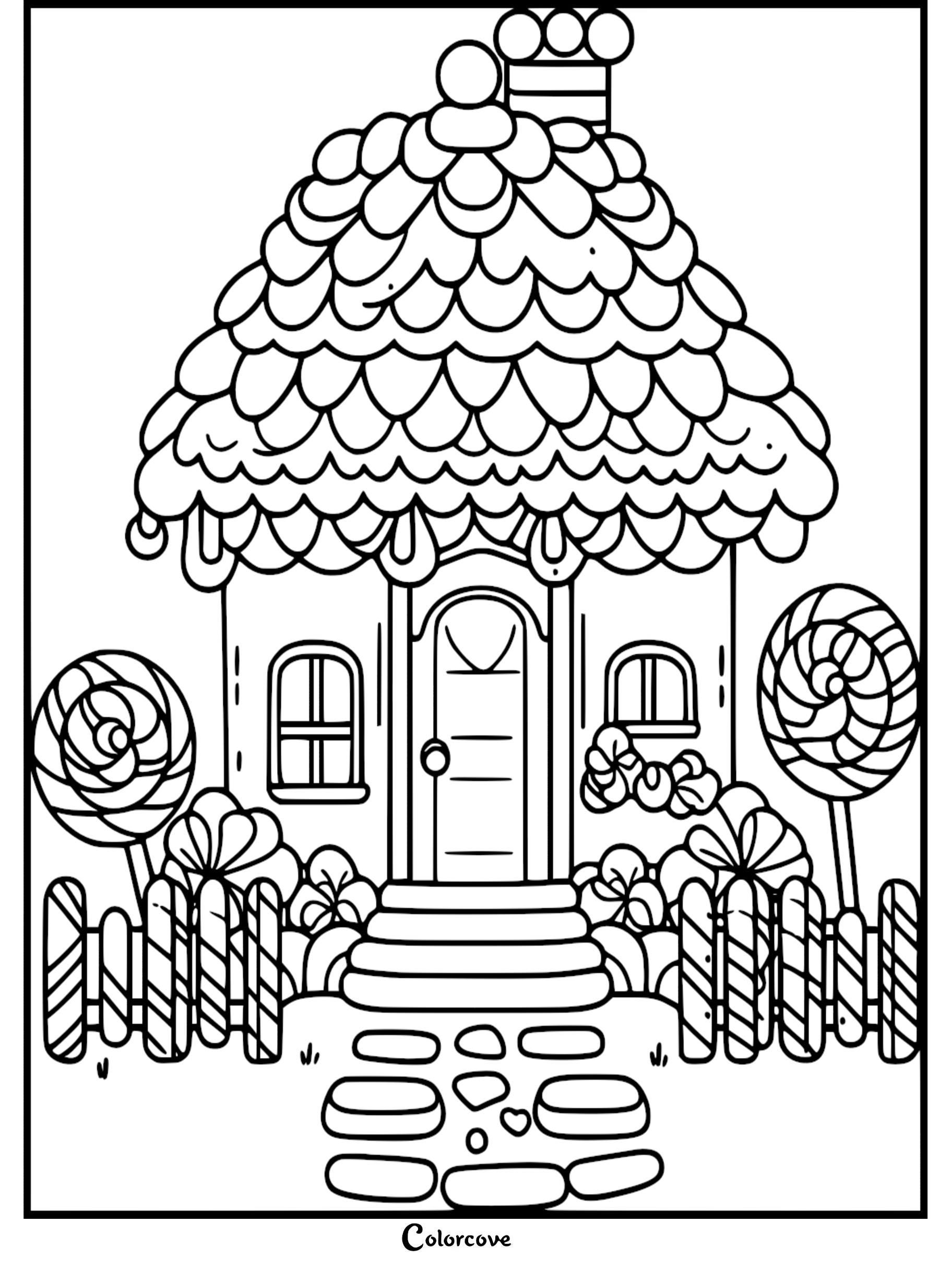 A cozy cottage coloring page featuring a candy-themed house with a scalloped roof, lollipop trees, and a candy cane fence.