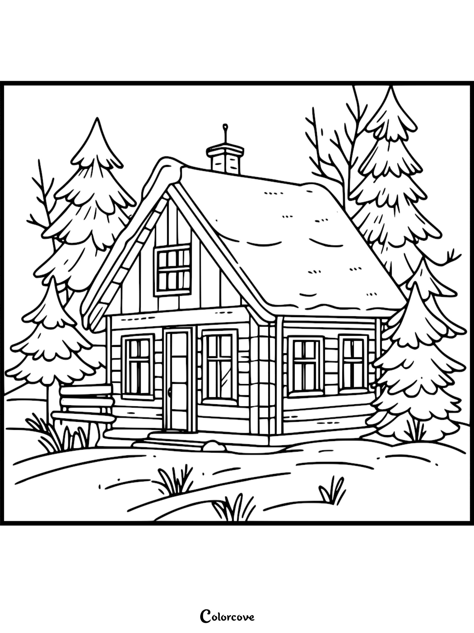 A printable cozy cottage coloring page featuring a snow-covered log cabin nestled among pine trees.