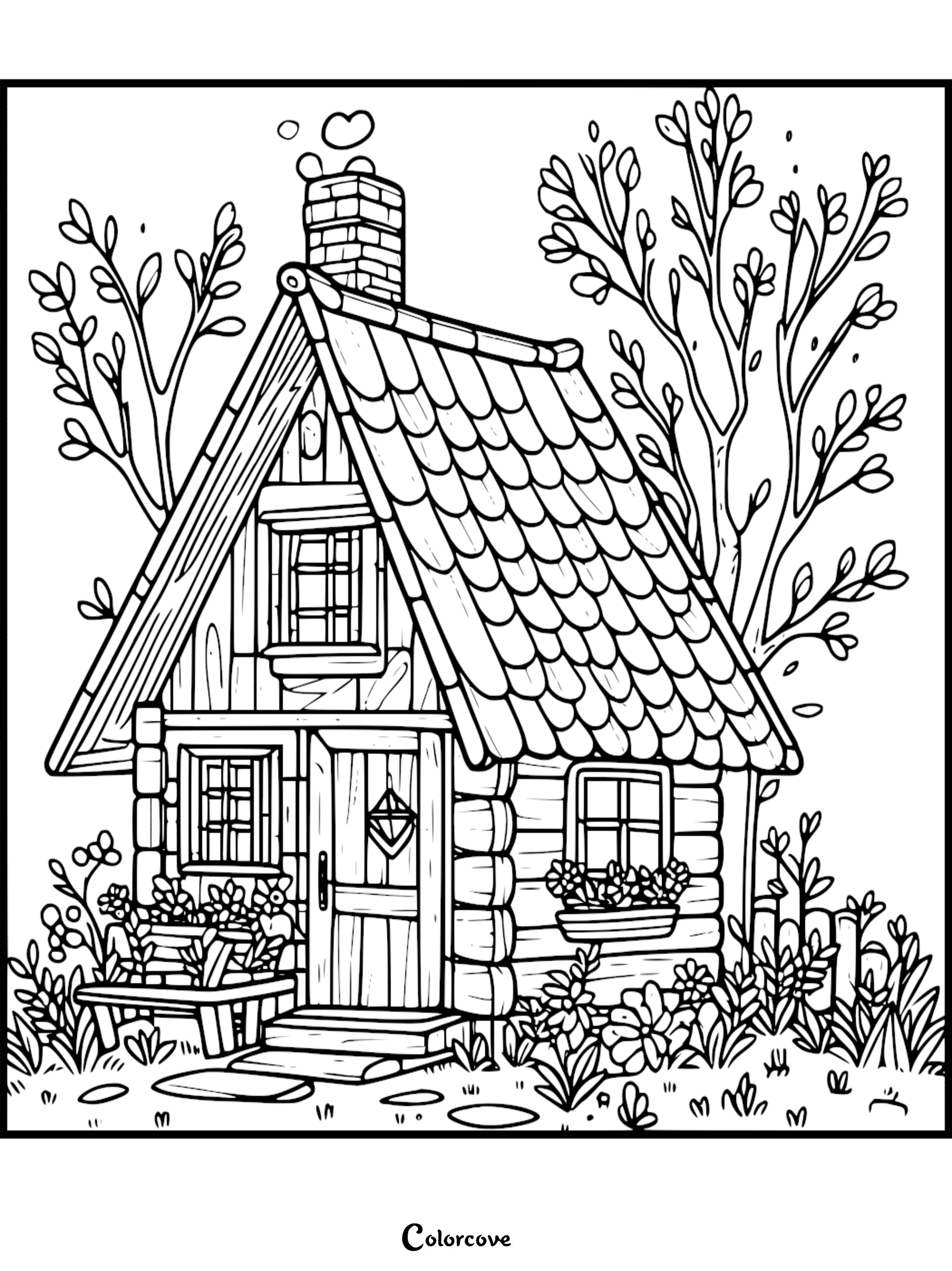 A cozy cottage coloring page featuring a rustic cabin with a smoking chimney, flower boxes, and surrounding trees.