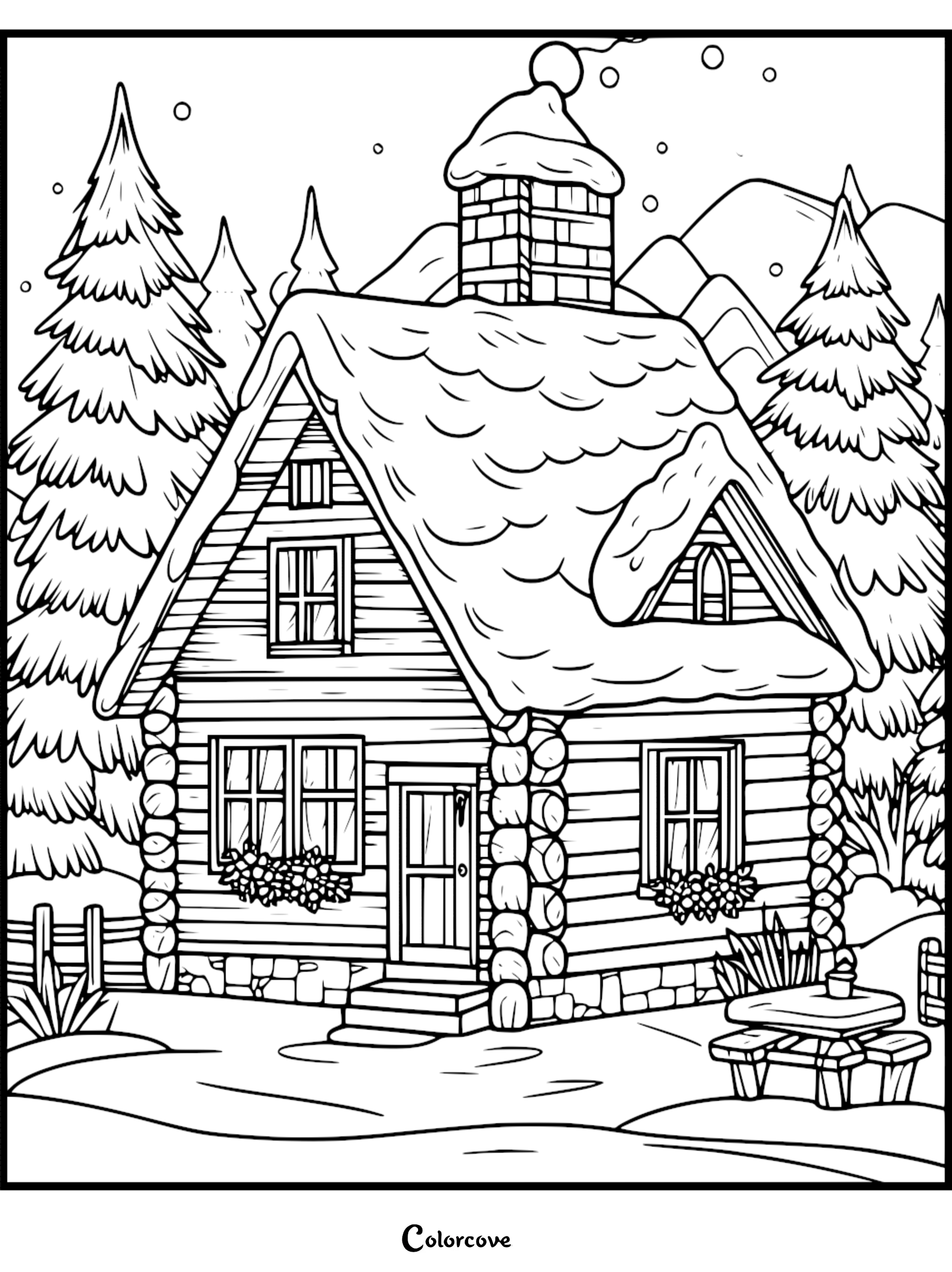 A snowy log cabin cozy cottage coloring page featuring pine trees and a picnic table in winter.