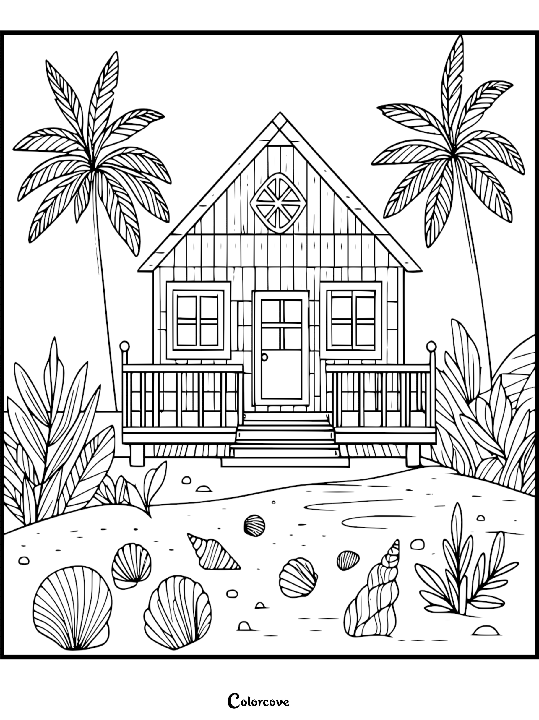 A tropical beach cottage coloring page featuring palm trees and seashells on the sand.