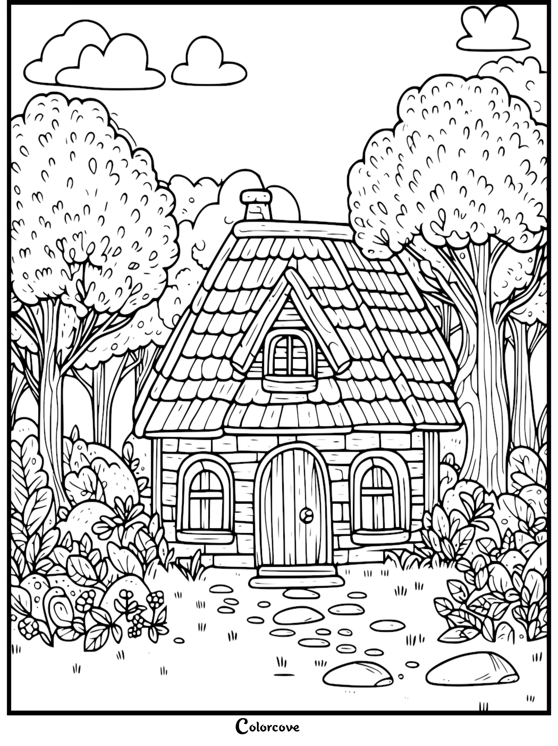 A cozy cottage coloring page featuring a stone house with a shingled roof, arched windows, and a wooden door nestled in a lush forest setting.