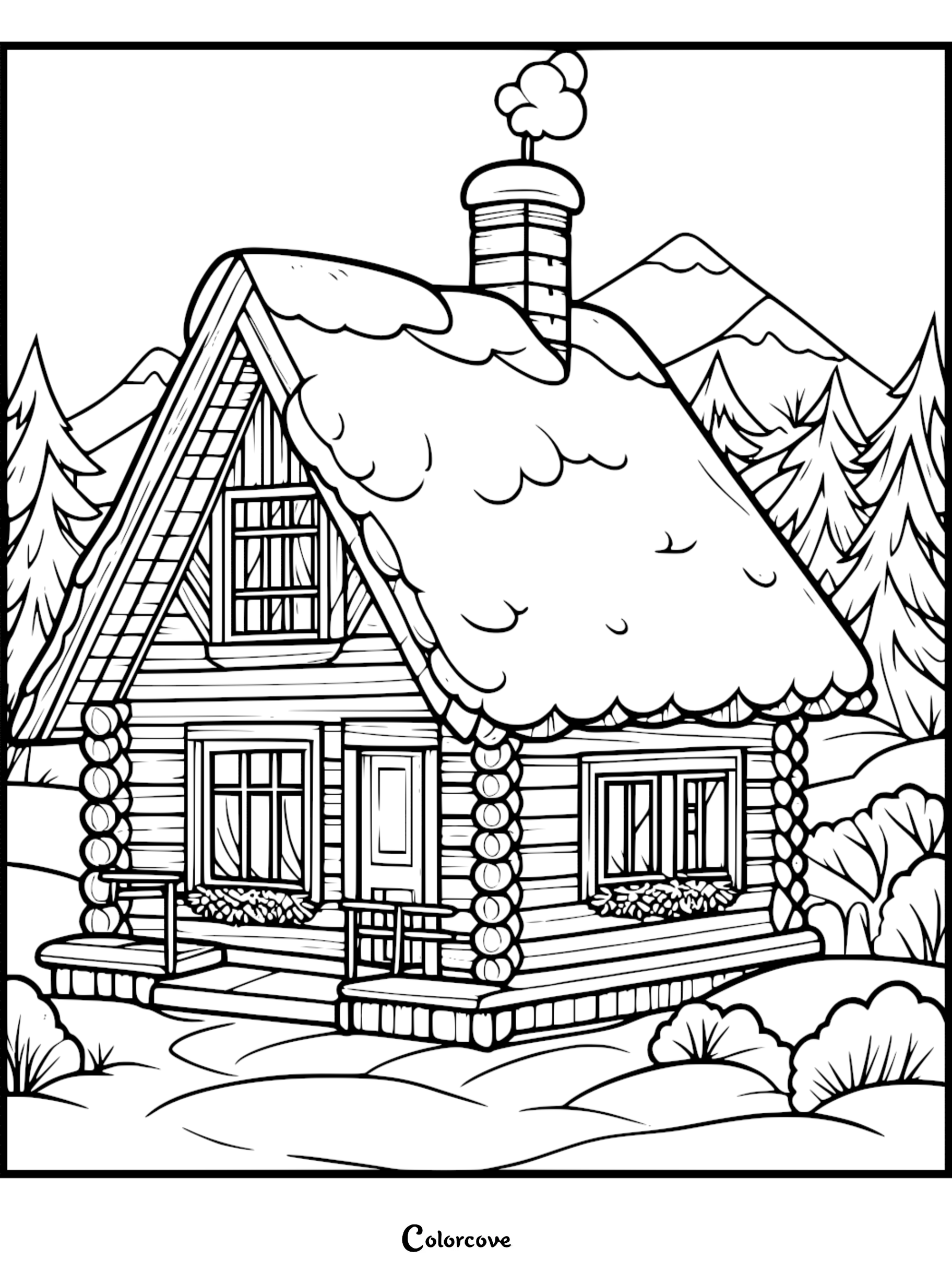 A printable coloring page featuring a cozy log cabin cottage with a snow-covered roof, smoking chimney, and mountain backdrop.