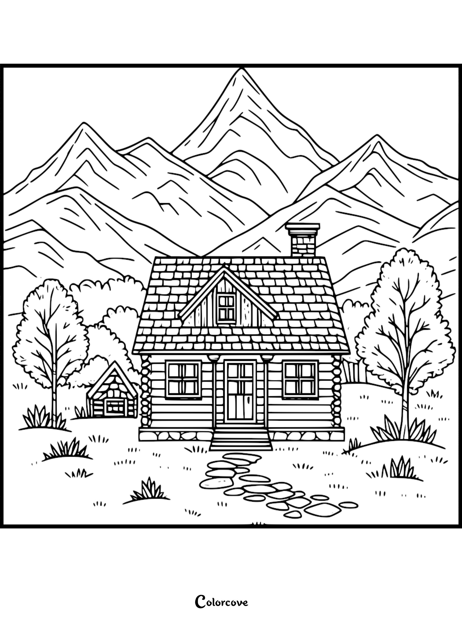 A printable coloring page featuring a cozy cottage with a stone path, surrounded by trees and tall mountain peaks.