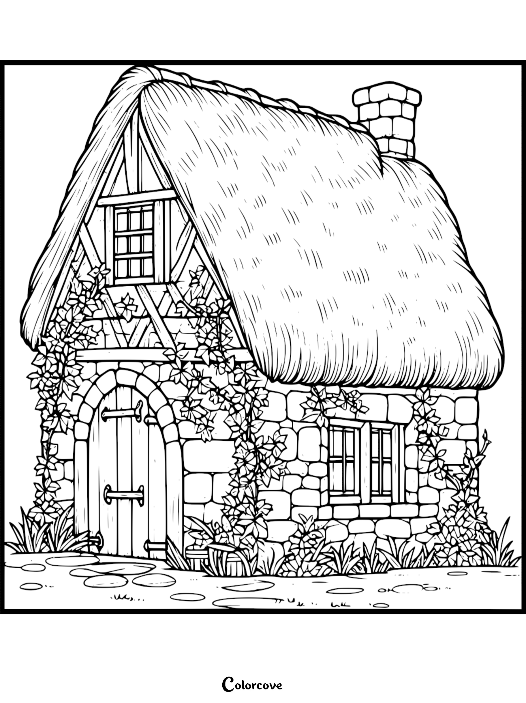A detailed coloring page of a stone cottage with a thatched roof and climbing ivy vines.