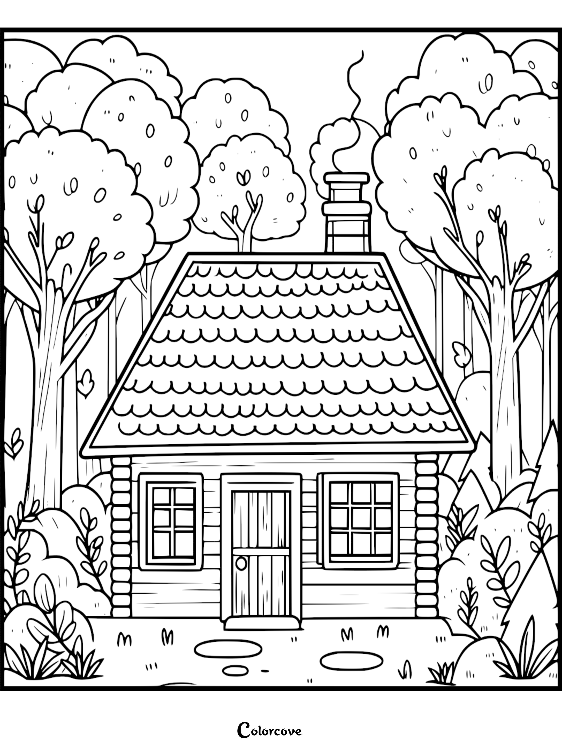 A printable cozy cottage coloring page featuring a log cabin with a smoking chimney nestled in a dense forest.
