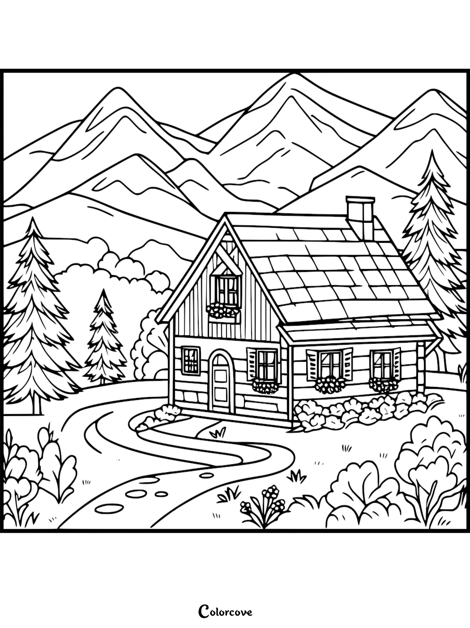 Cozy cottage coloring page featuring a rustic cabin with flower boxes, a winding path, and mountain scenery.