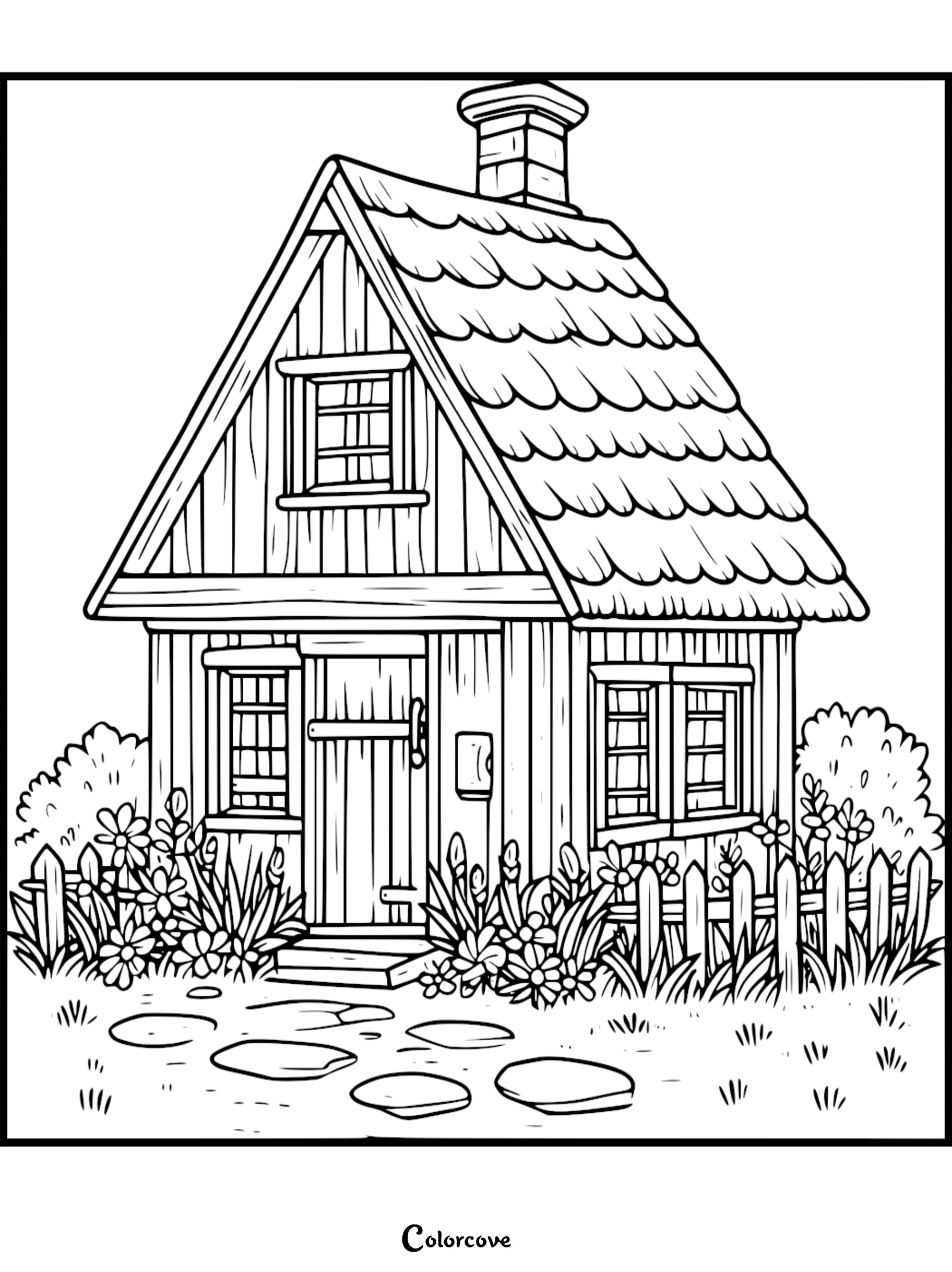 A printable coloring page featuring a cozy cottage with a shingled roof, picket fence, and stone path.