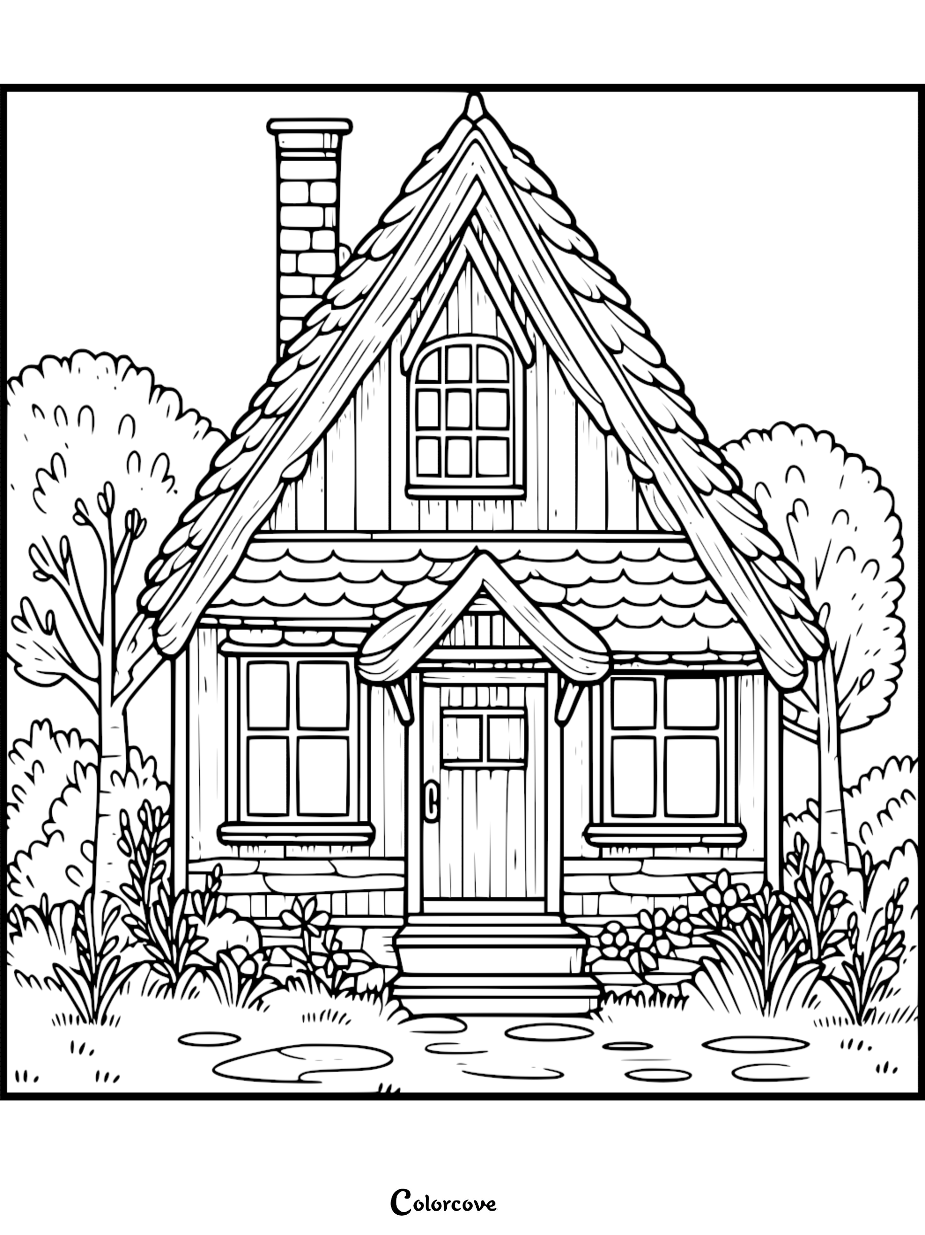 A detailed cozy cottage coloring page featuring a steep roof, stone chimney, and lush garden surroundings.