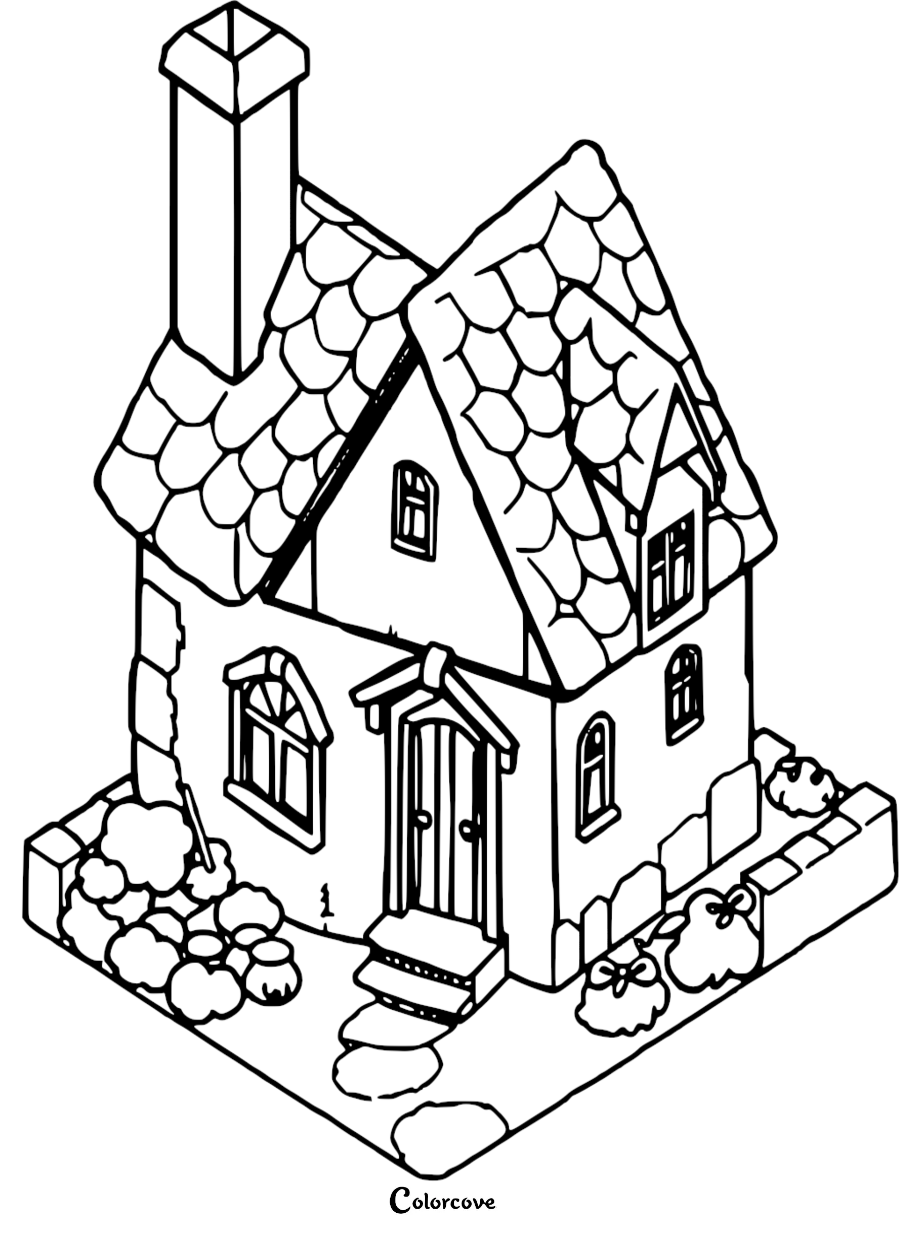 A printable cozy cottage coloring page featuring a charming house with a tall chimney, shingled roof, and garden bushes.