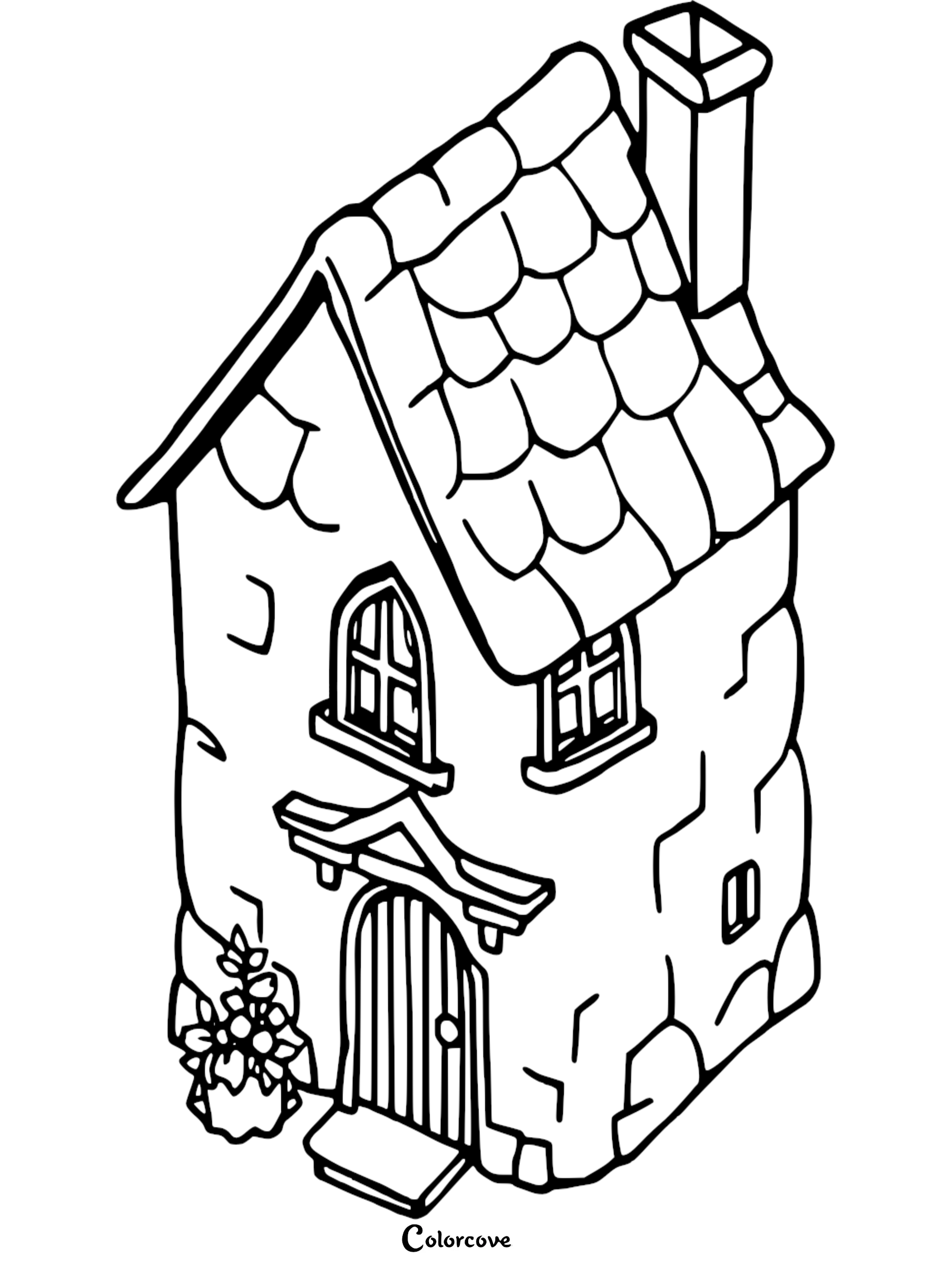 A printable cozy cottage coloring page featuring a stone house with a shingled roof, chimney, and arched doorway.