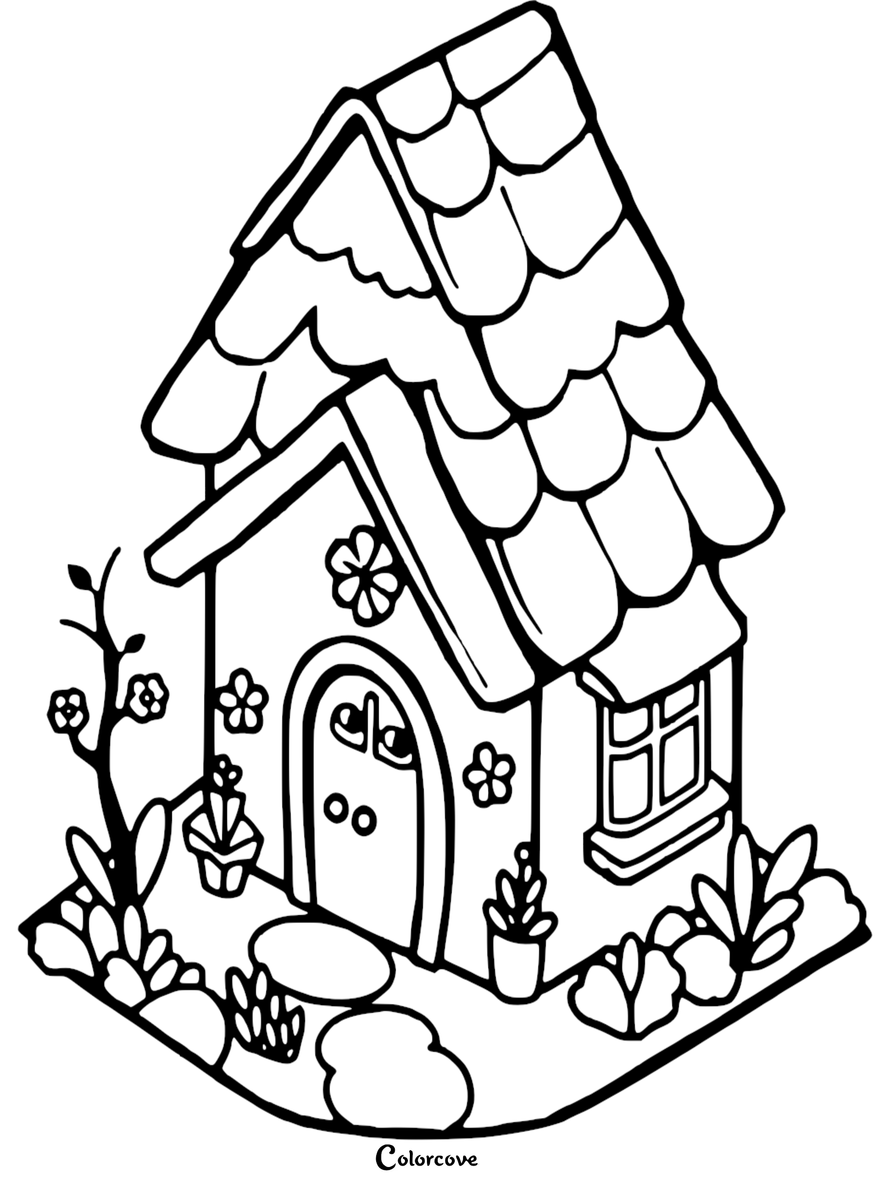 A charming cozy cottage coloring page featuring a steep shingled roof, flower-adorned walls, and a small garden with potted plants.
