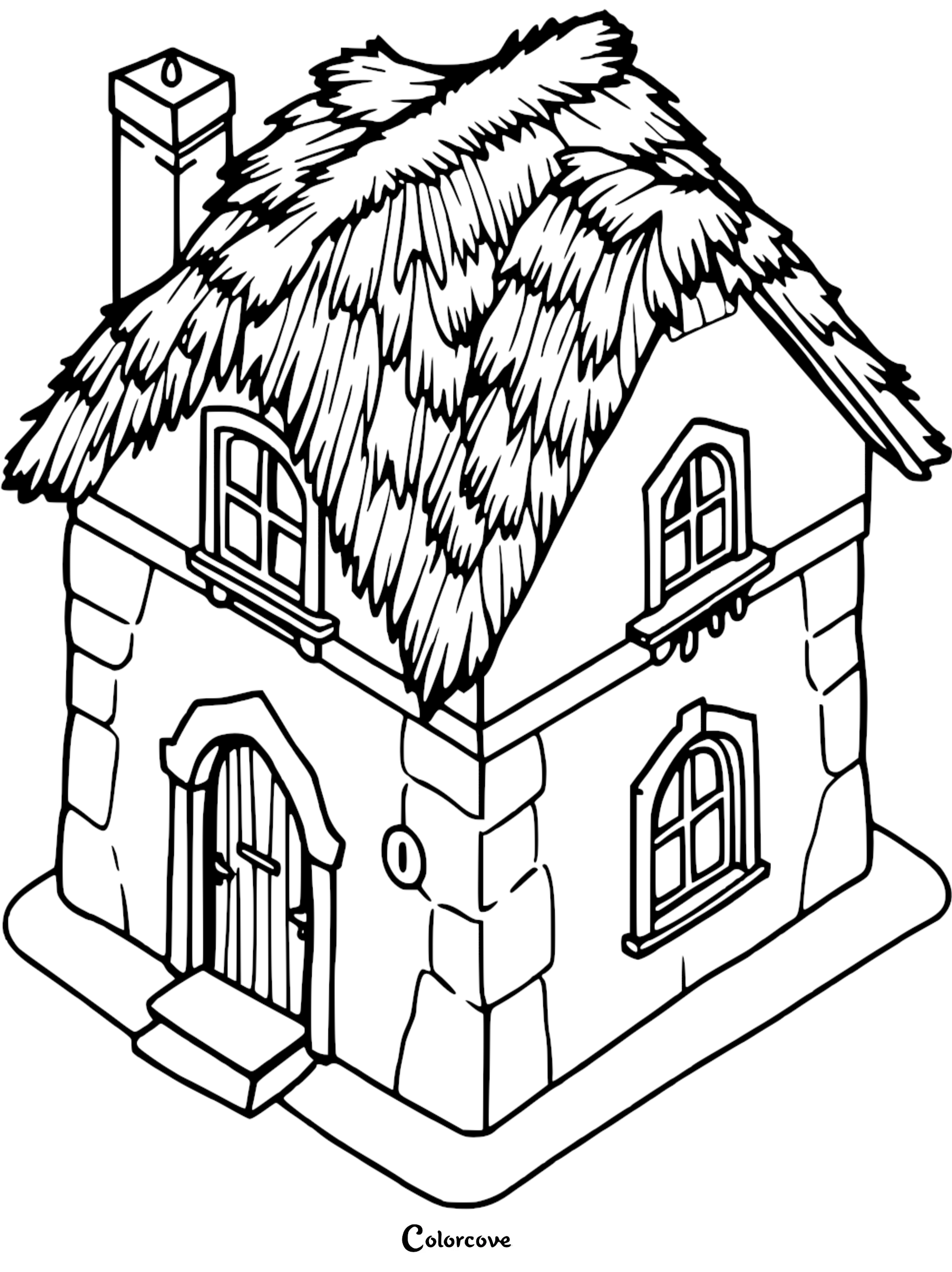 A printable coloring page of a cozy cottage with a thatched roof, stone walls, and arched windows.