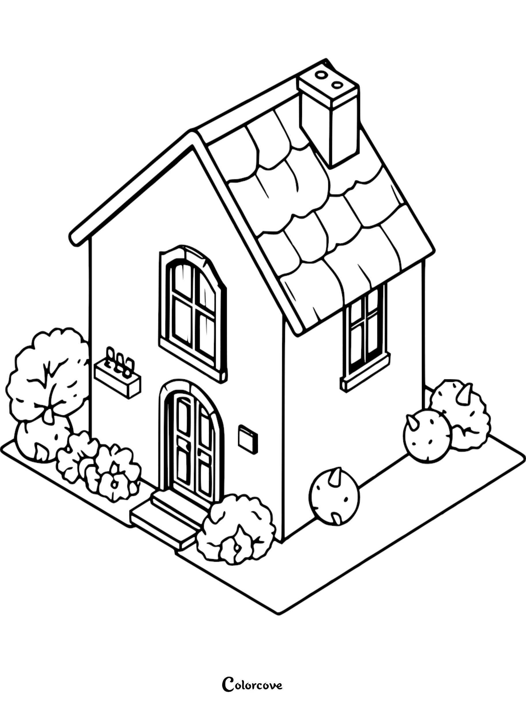 Isometric view of a cozy cottage coloring page featuring a tiled roof, arched windows, and surrounding garden shrubbery.