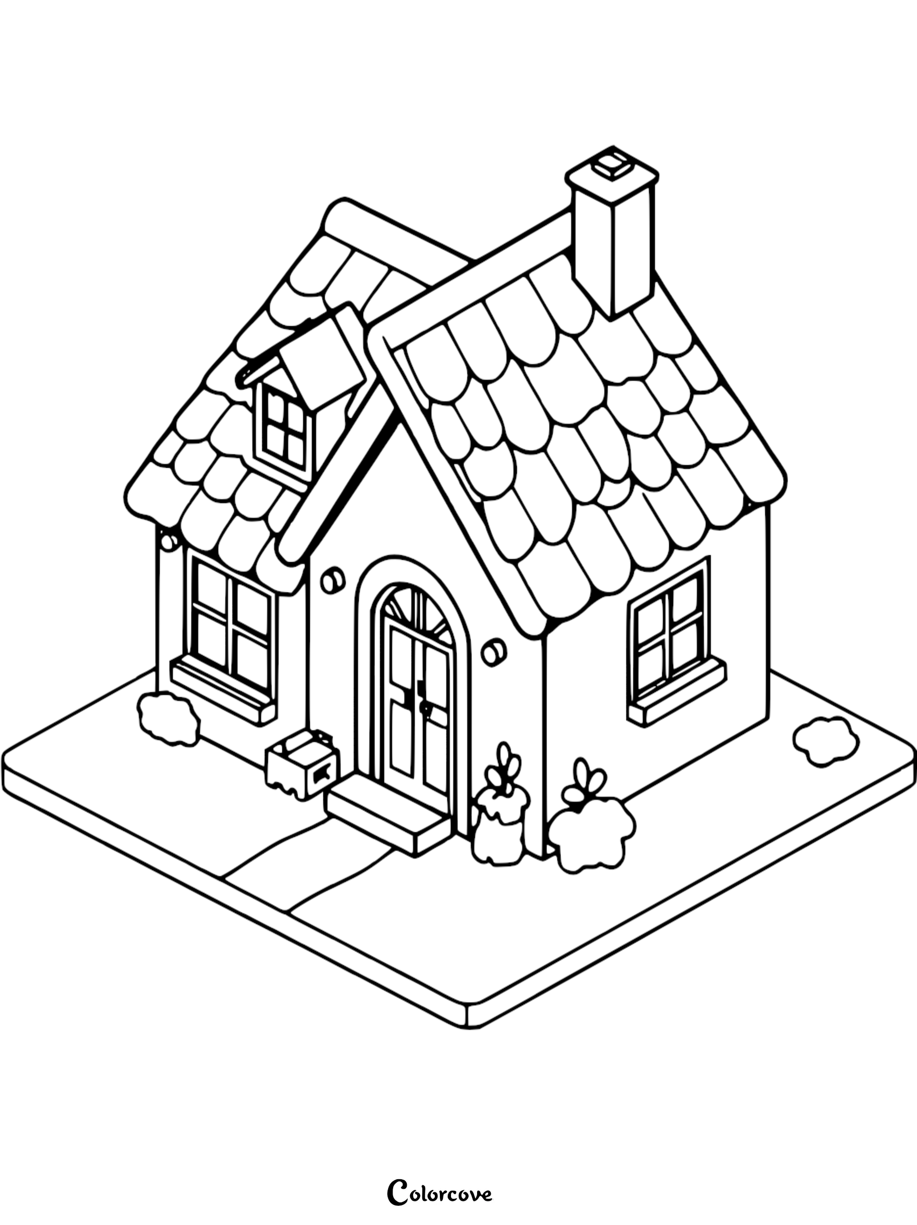 Isometric cozy cottage coloring page featuring a shingled roof, chimney, and garden bushes on a square base.