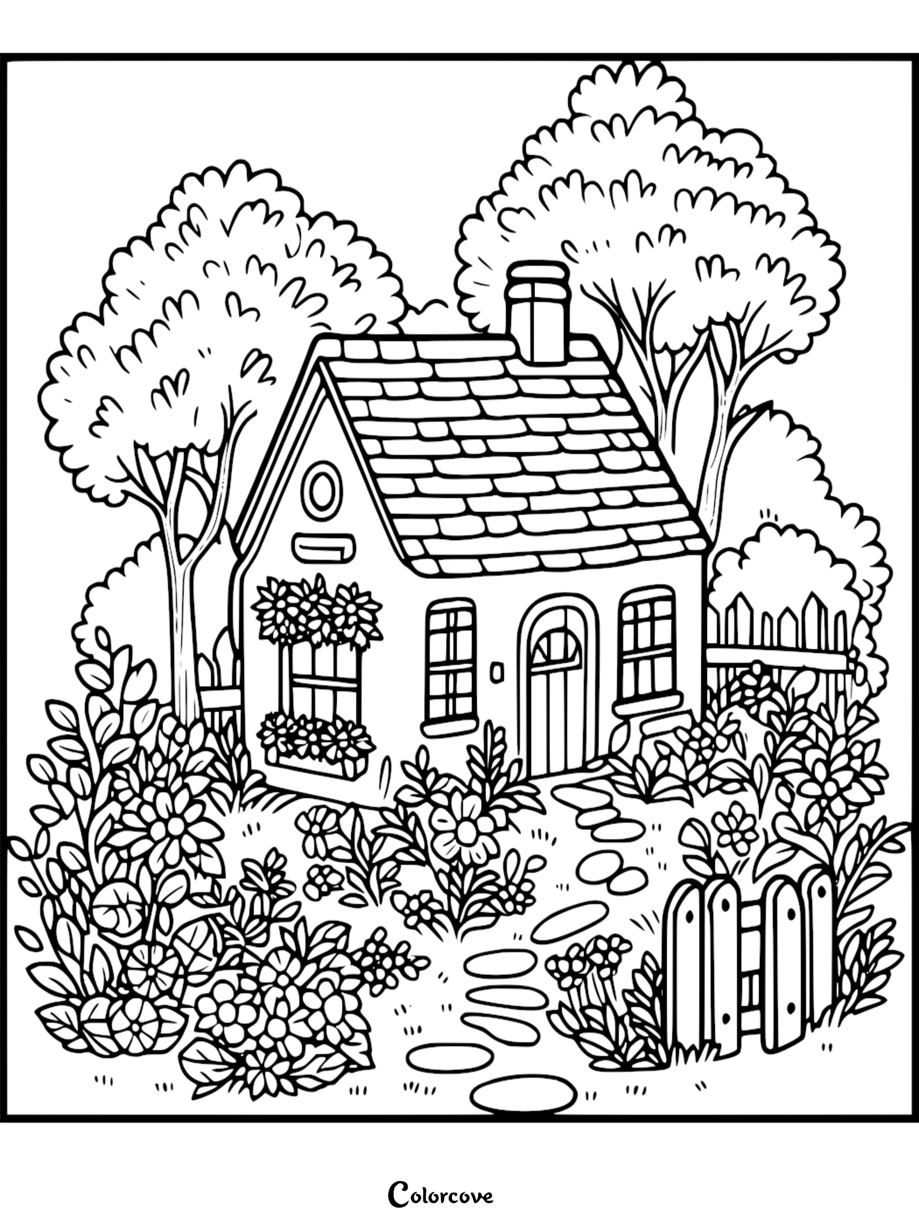 A cozy cottage coloring page featuring a small house with a chimney, surrounded by lush trees, flower beds, and a stone path leading to a picket fence.