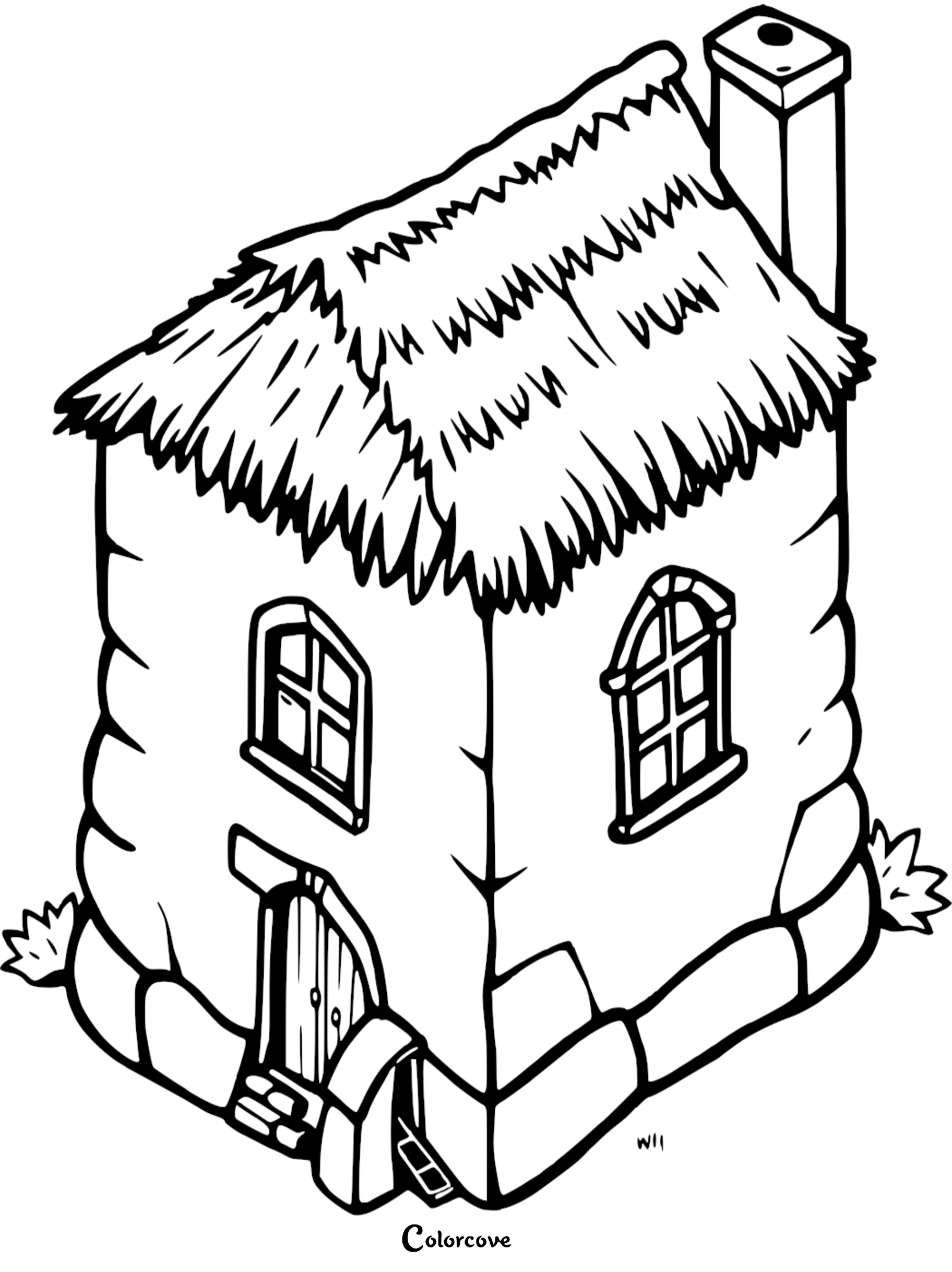 A printable coloring page featuring a cozy cottage with a thatched roof, stone base, and chimney.