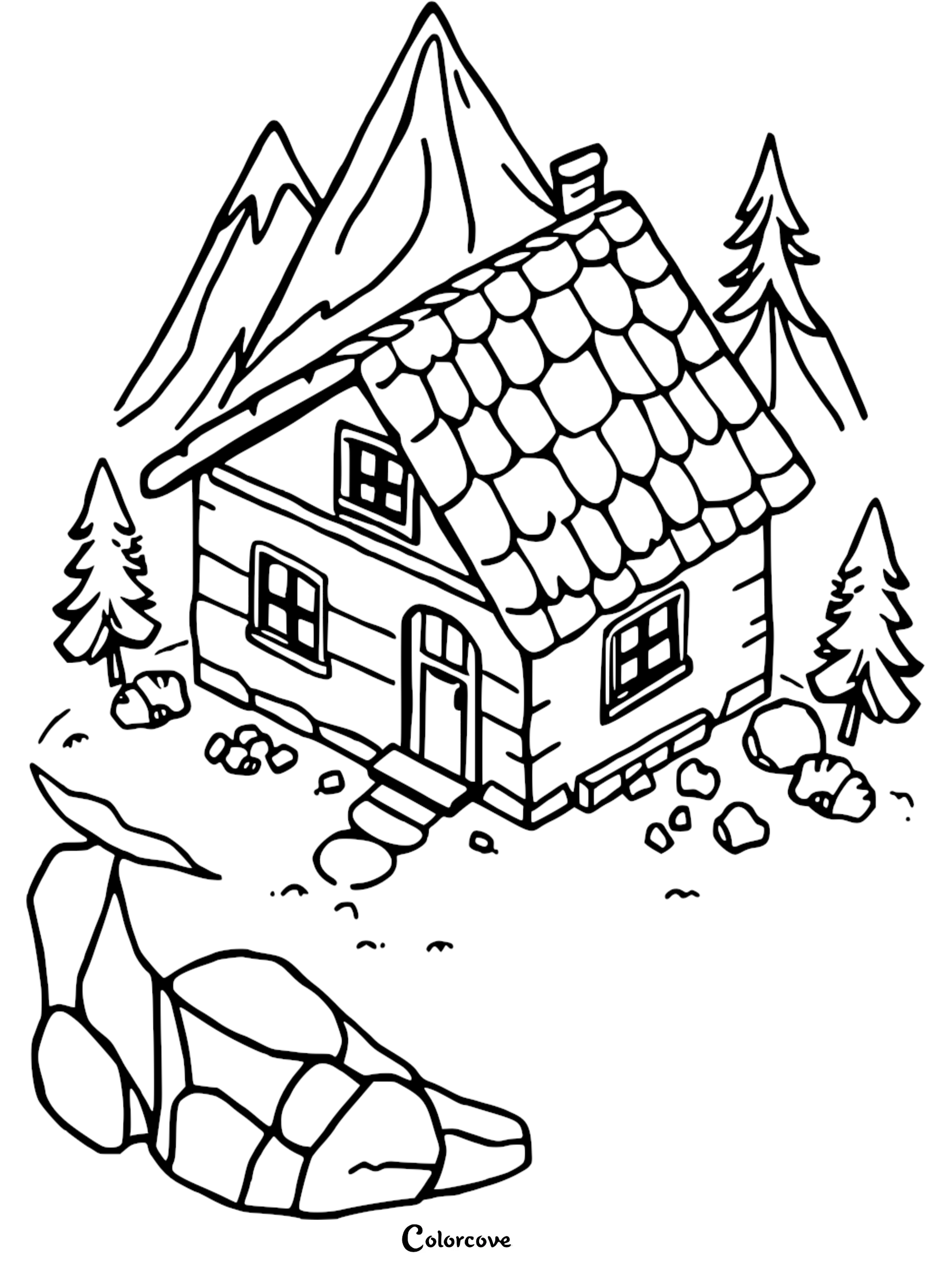 A cozy cottage coloring page featuring a cabin with a shingled roof, surrounded by pine trees, rocks, and mountain peaks.