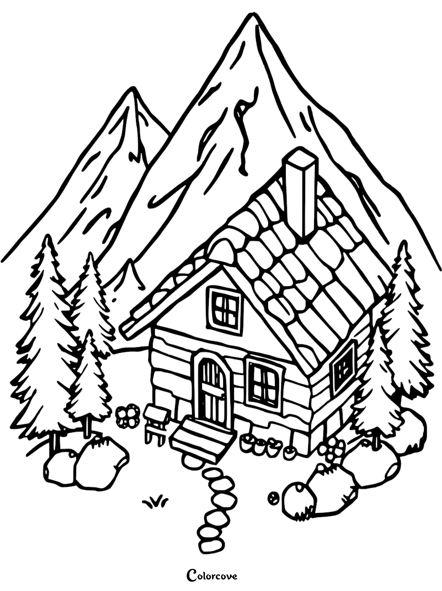 A cozy cottage coloring page featuring a log cabin nestled at the base of tall mountain peaks with pine trees and a stone path.