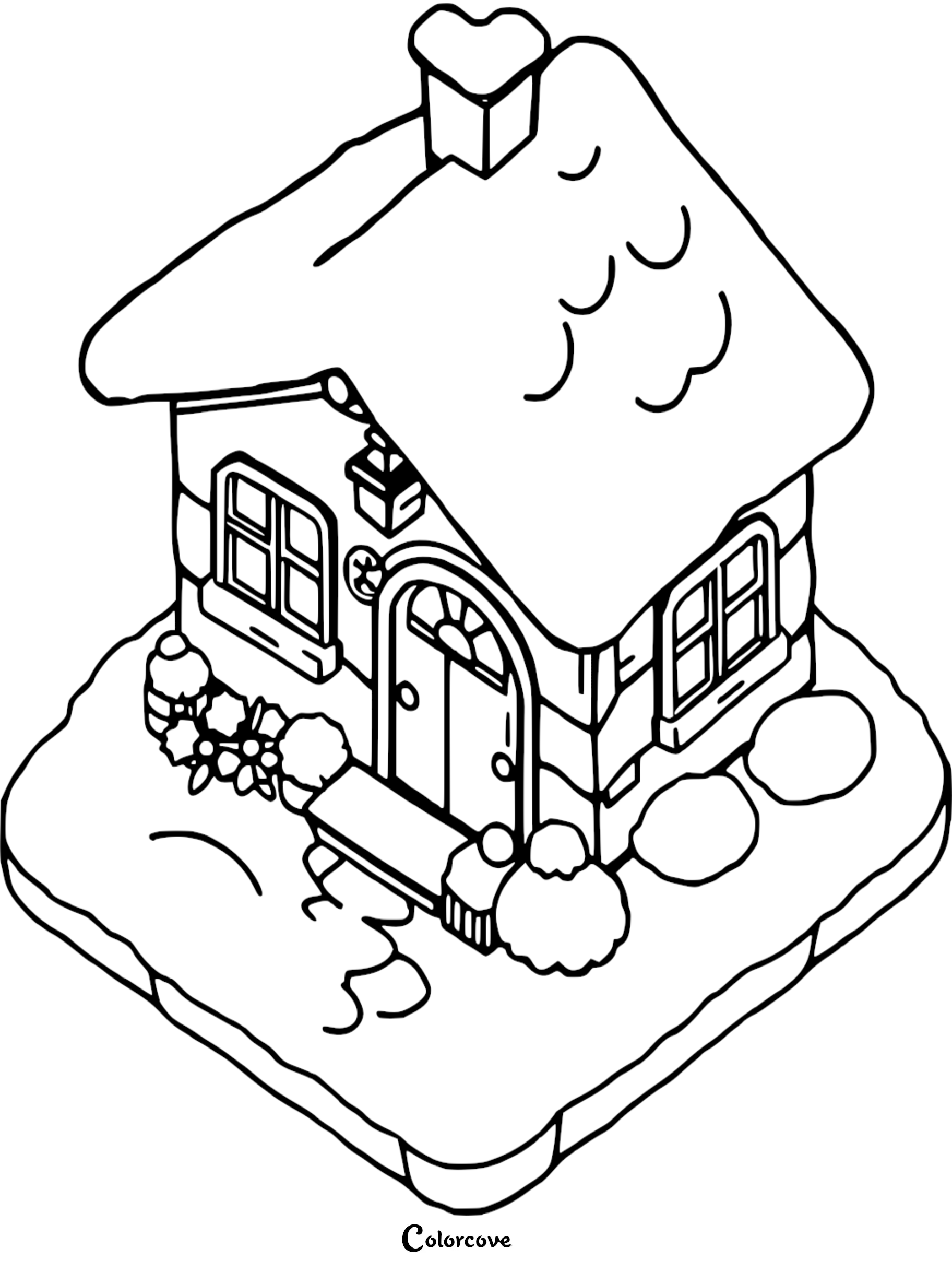 A cozy cottage coloring page featuring a small house with a heart-shaped chimney and snow-covered roof.