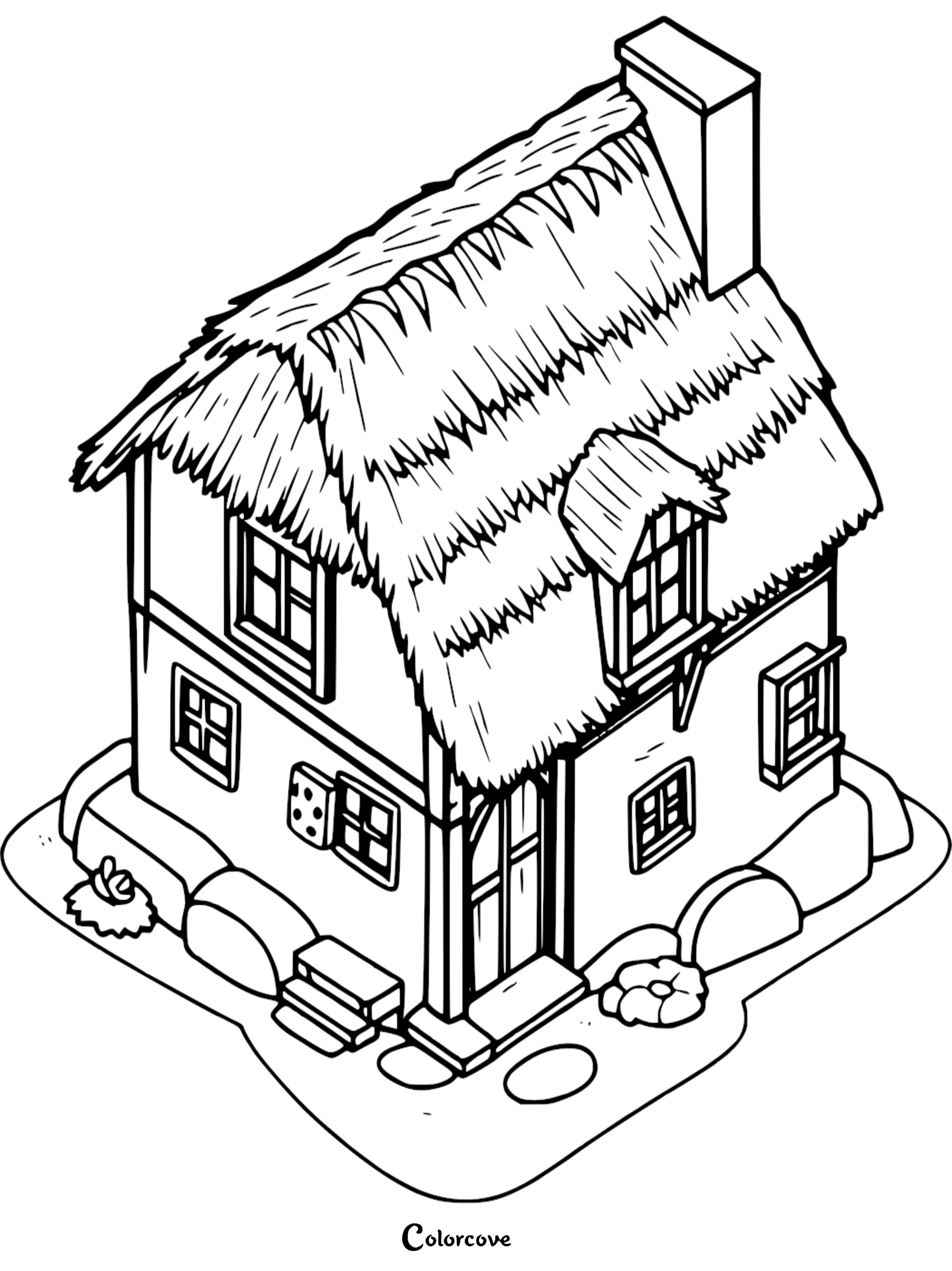 Isometric view of a rustic thatched roof cottage coloring page with a chimney and small garden details.