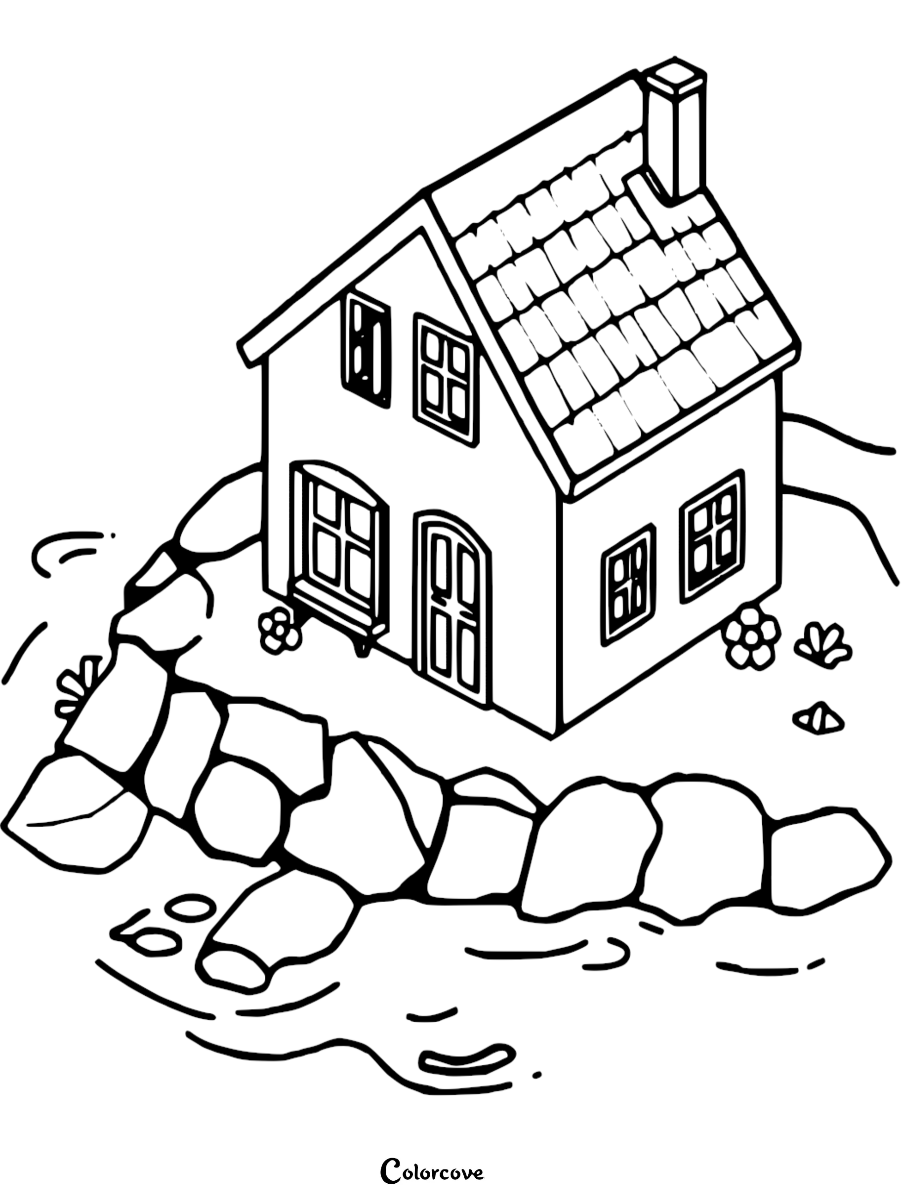 A printable cozy cottage coloring page featuring a small house with a stone path and chimney.