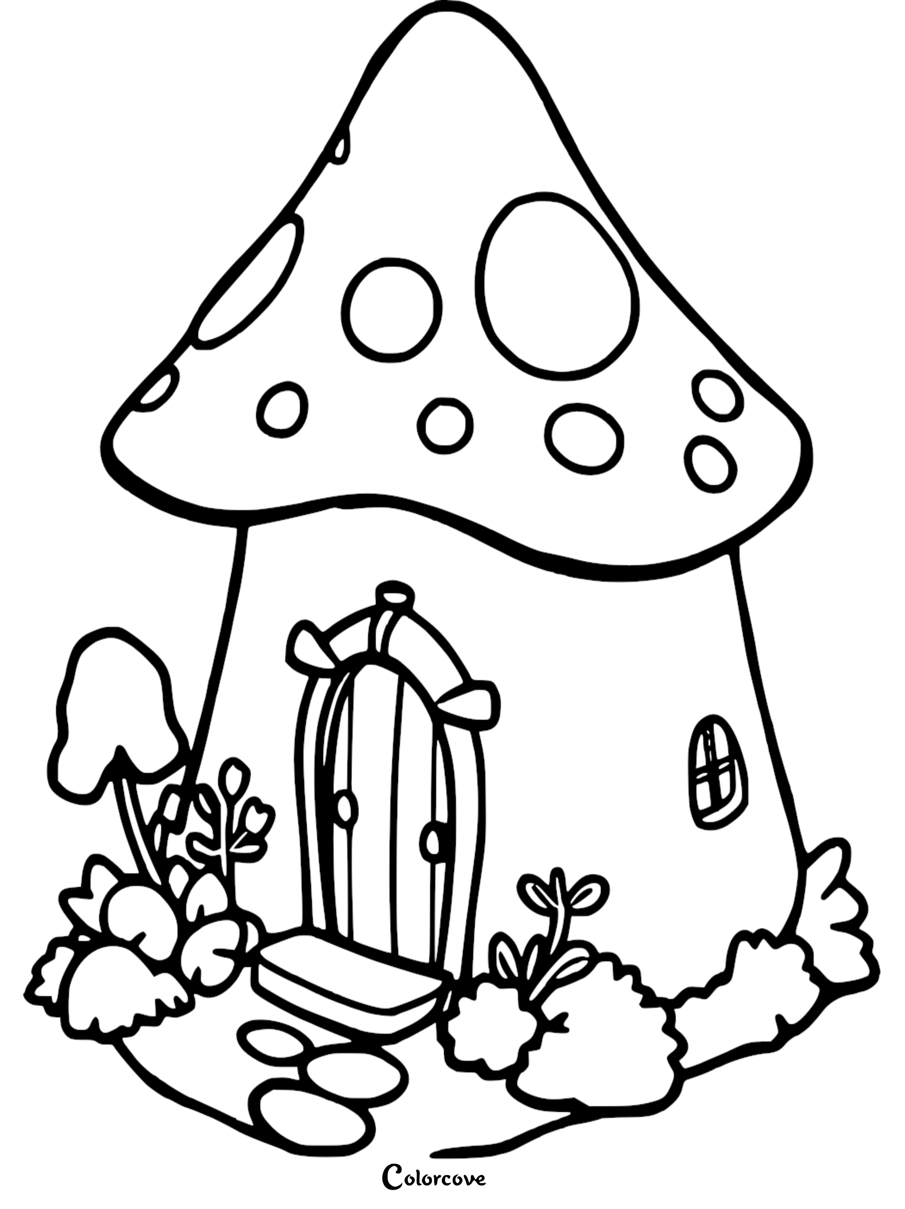 A printable coloring page featuring a cozy mushroom cottage with a spotted cap roof, arched doorway, and small garden plants.
