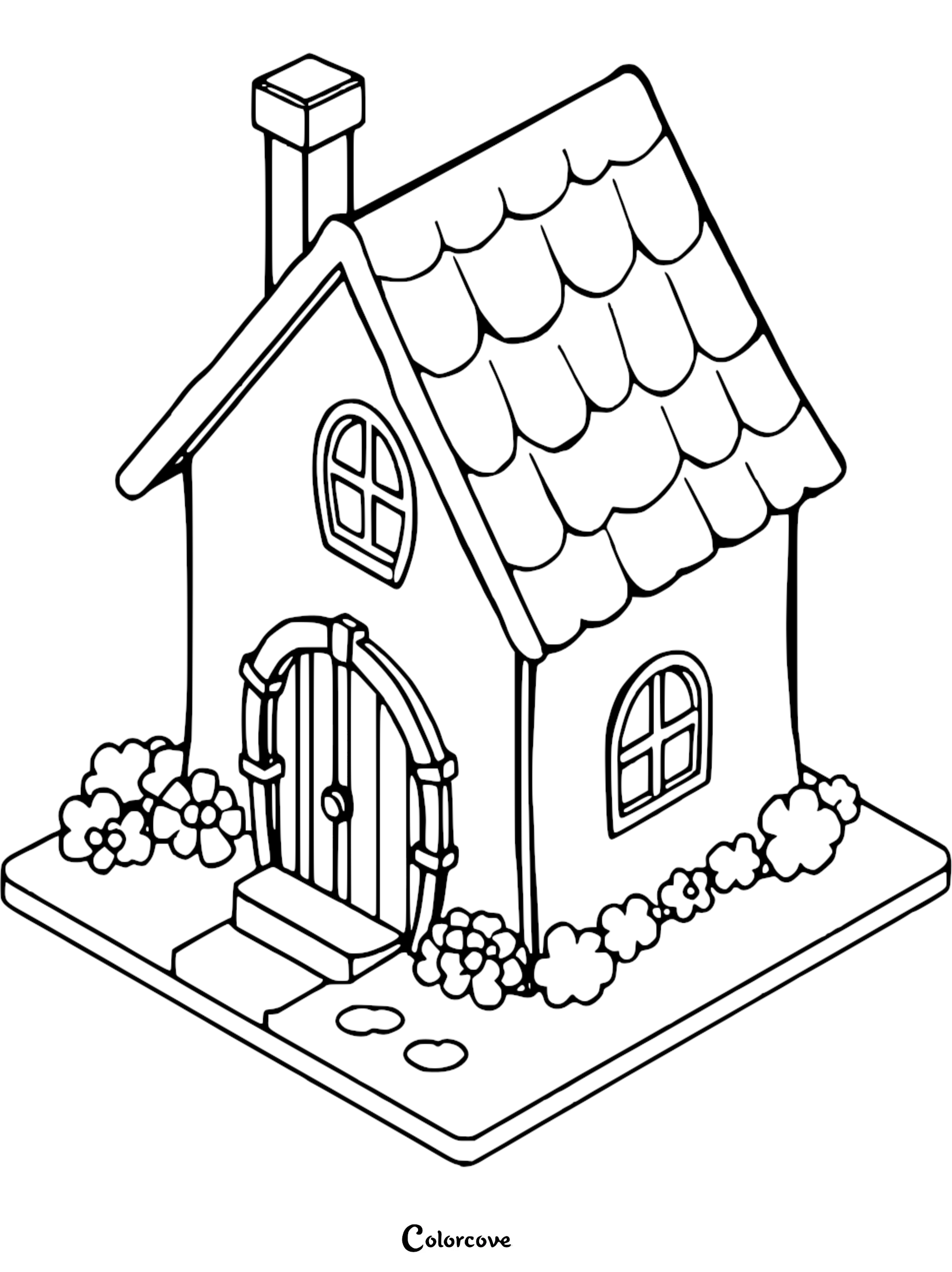 A printable coloring page featuring a cozy cottage with a shingled roof, arched doorway, and flower bushes.