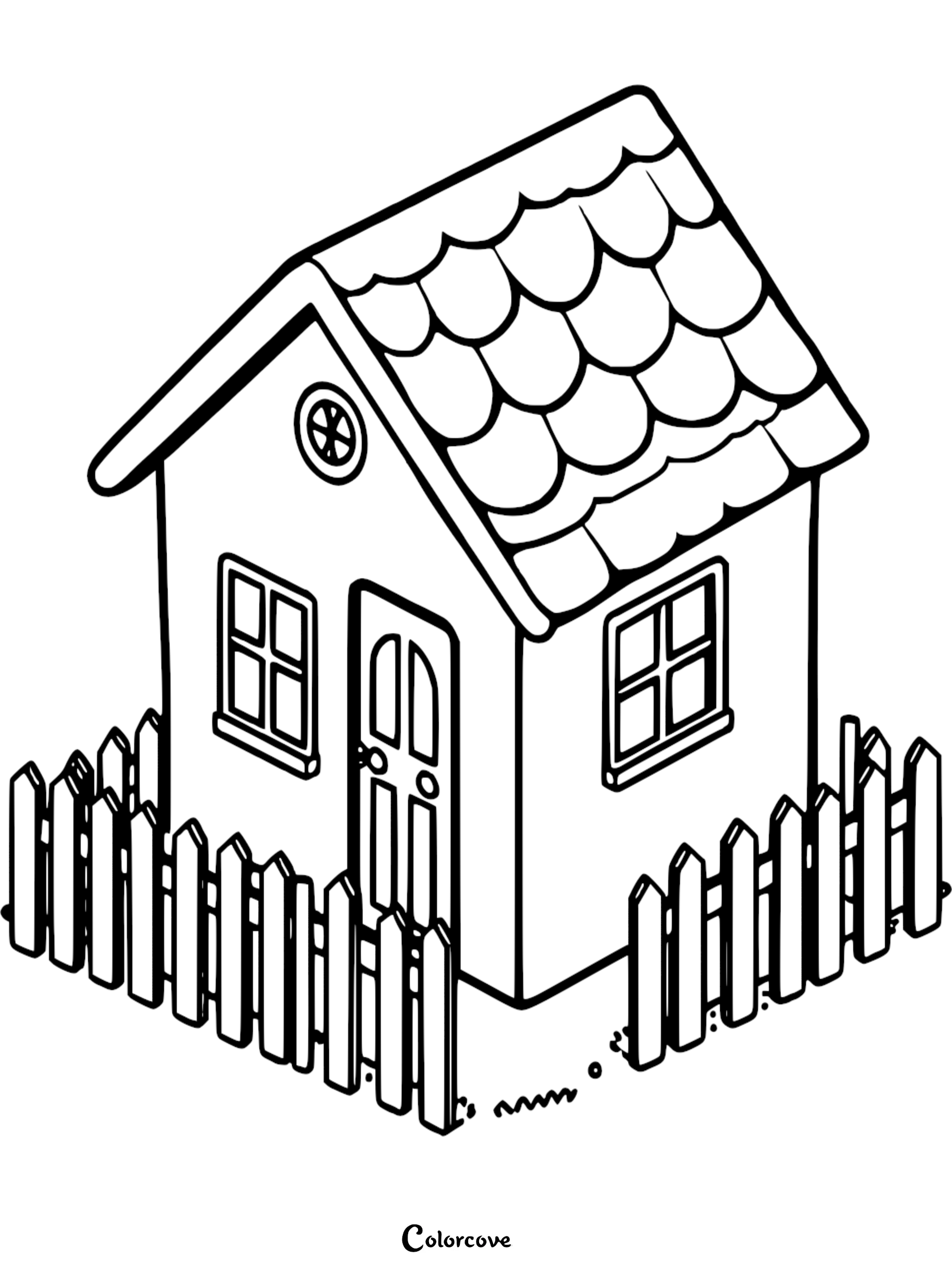 A simple line art coloring page of a cozy cottage with a scalloped roof, arched door, and picket fence.