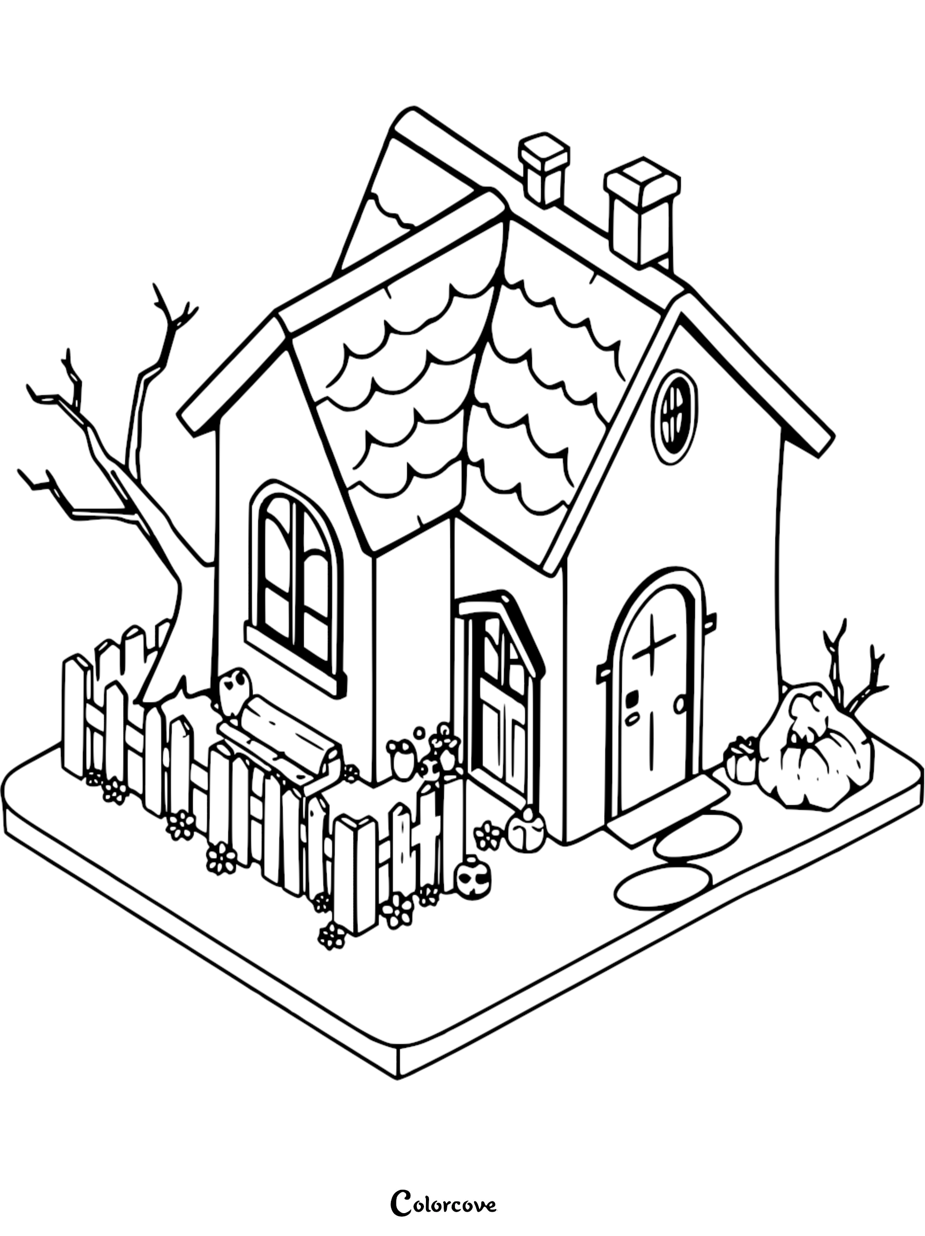 A cozy cottage coloring page featuring a house with a picket fence, bench, and pumpkins.