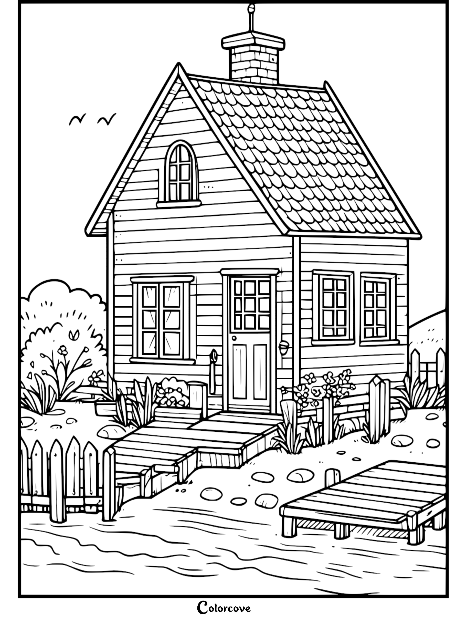 A printable cozy cottage coloring page featuring a wooden house by a lake with a small dock, picket fence, and garden.