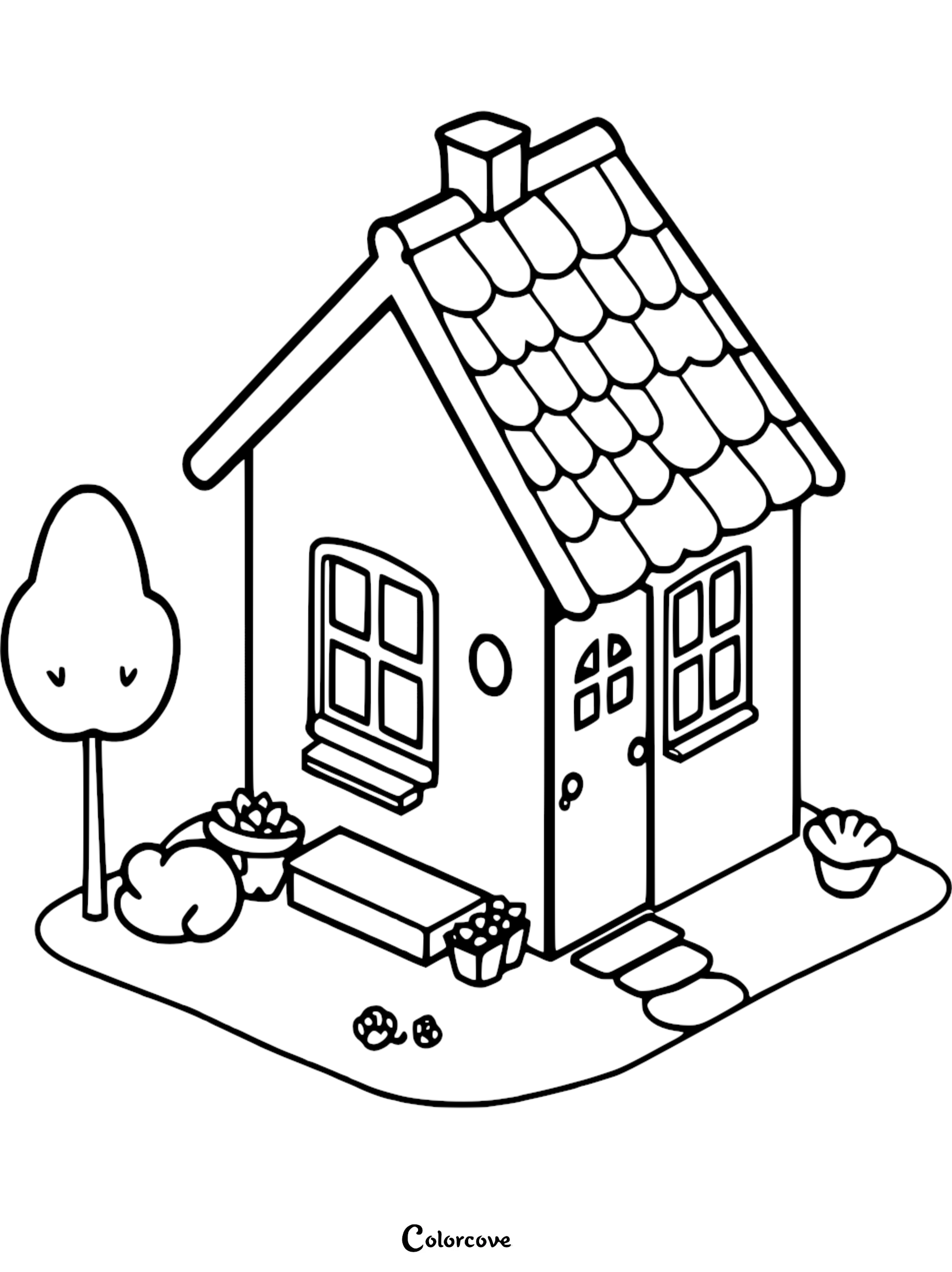 A printable coloring page featuring a cozy cottage with a tiled roof, a small tree, and potted plants in the front yard.
