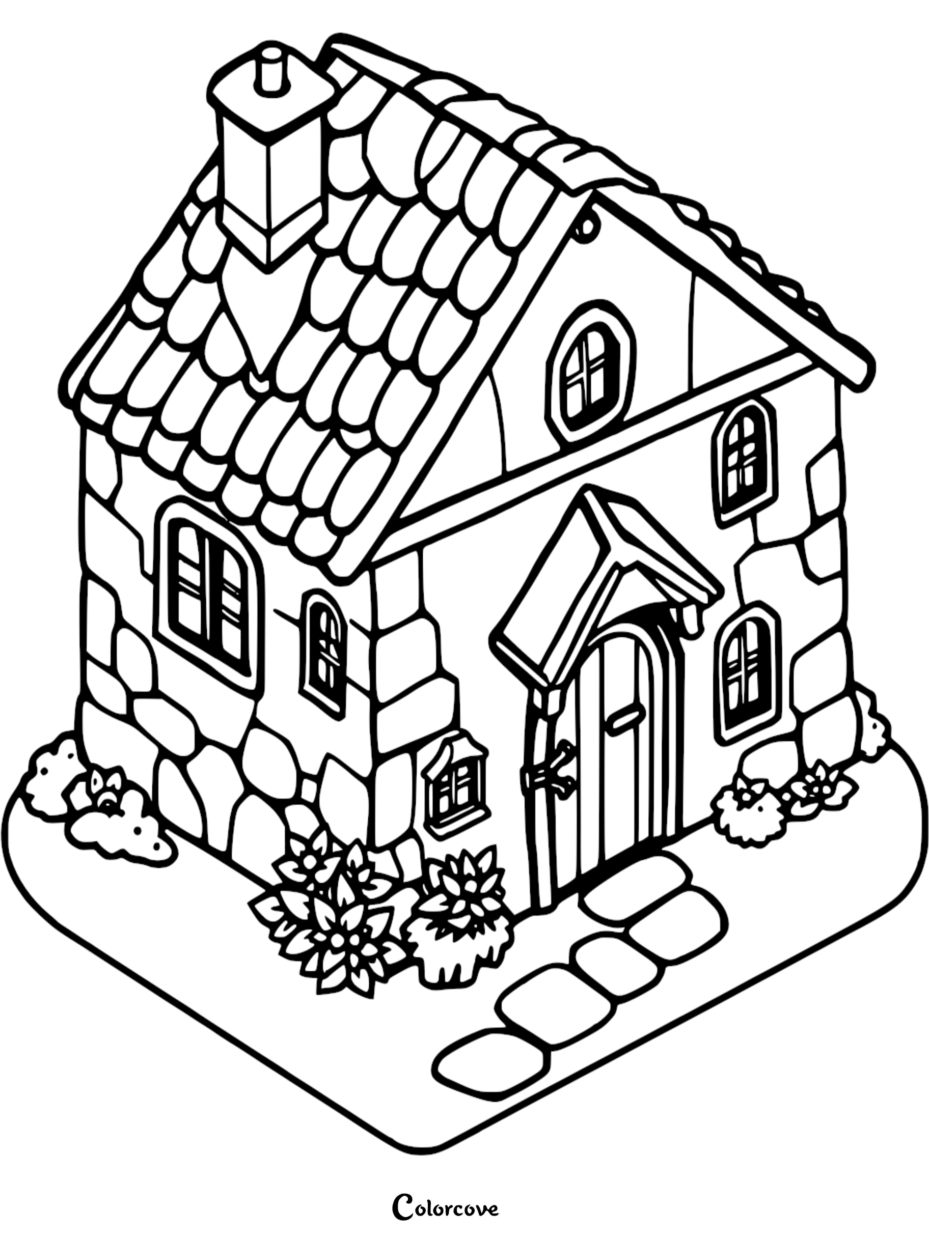 A printable coloring page featuring a cozy cottage with stone walls, a tiled roof, and a stone pathway.