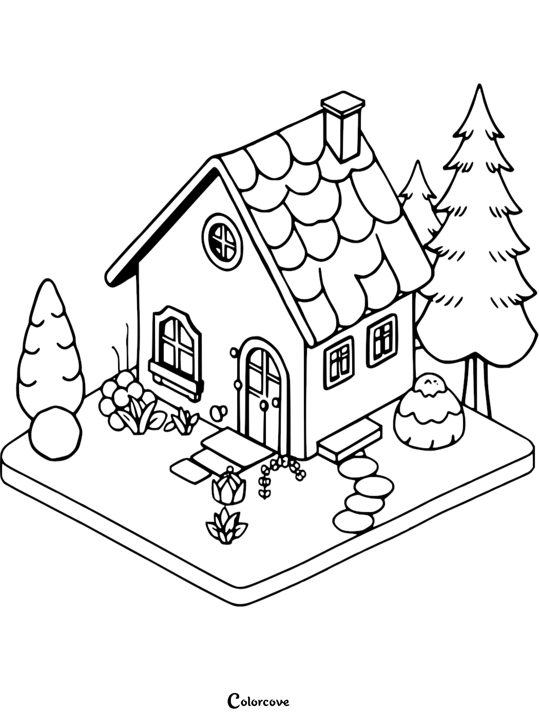 Isometric cozy cottage coloring page featuring a shingled roof, arched doorway, and surrounding pine trees and garden flowers.