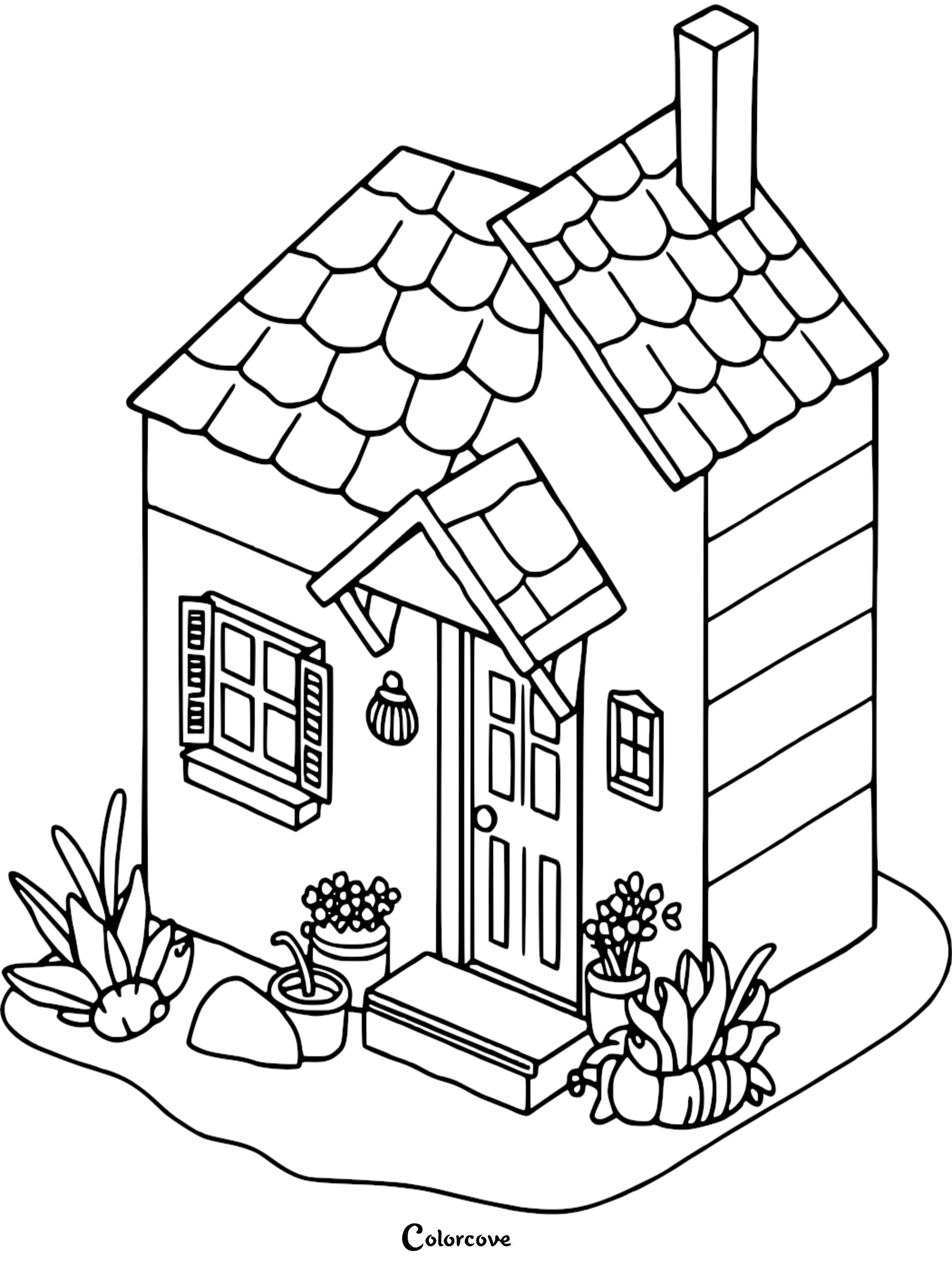 A printable cozy cottage coloring page featuring a small house with a shingled roof, potted plants, and a front porch.