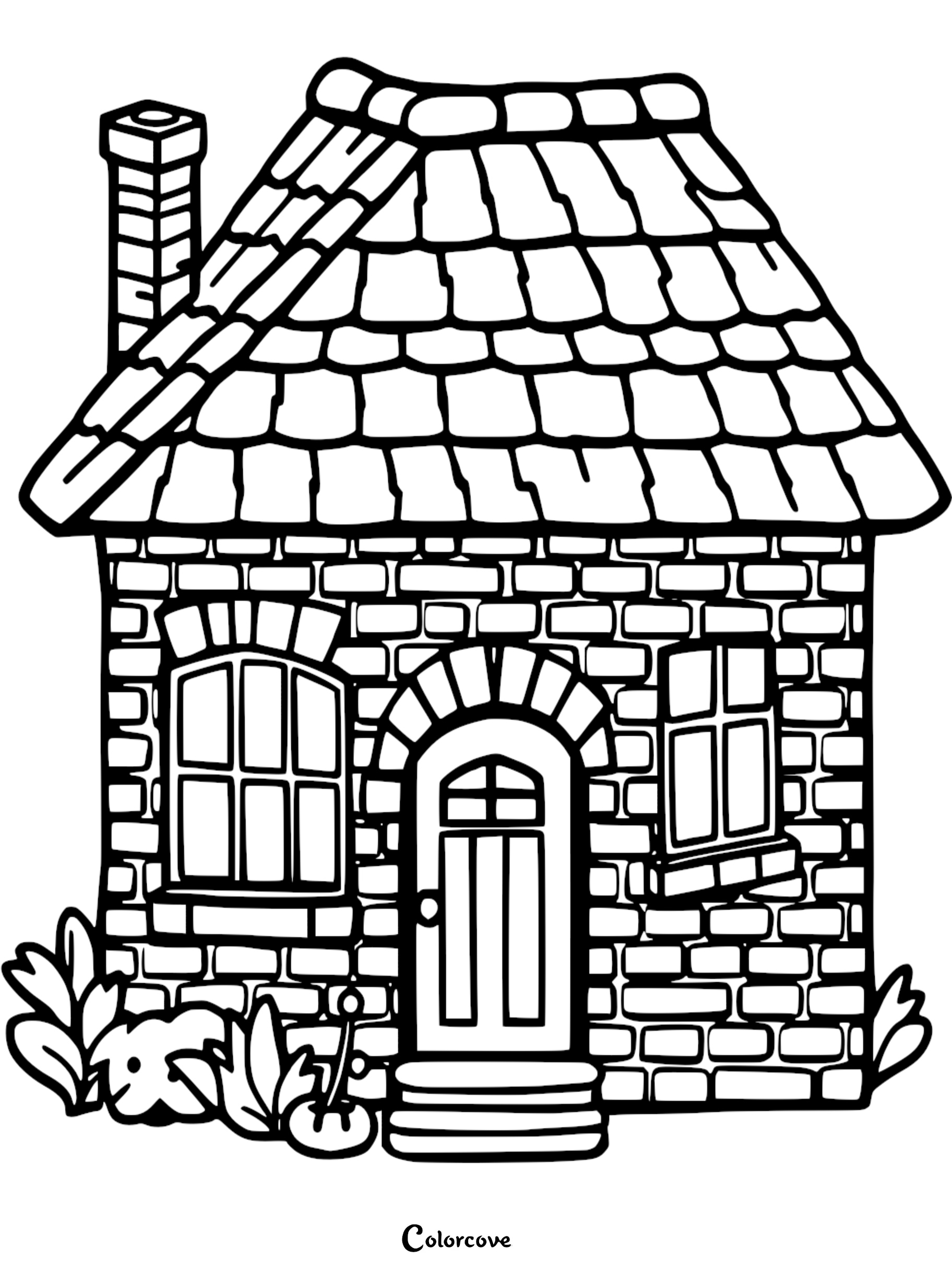 A cozy brick cottage coloring page featuring a shingled roof, chimney, arched doorway, and garden plants.