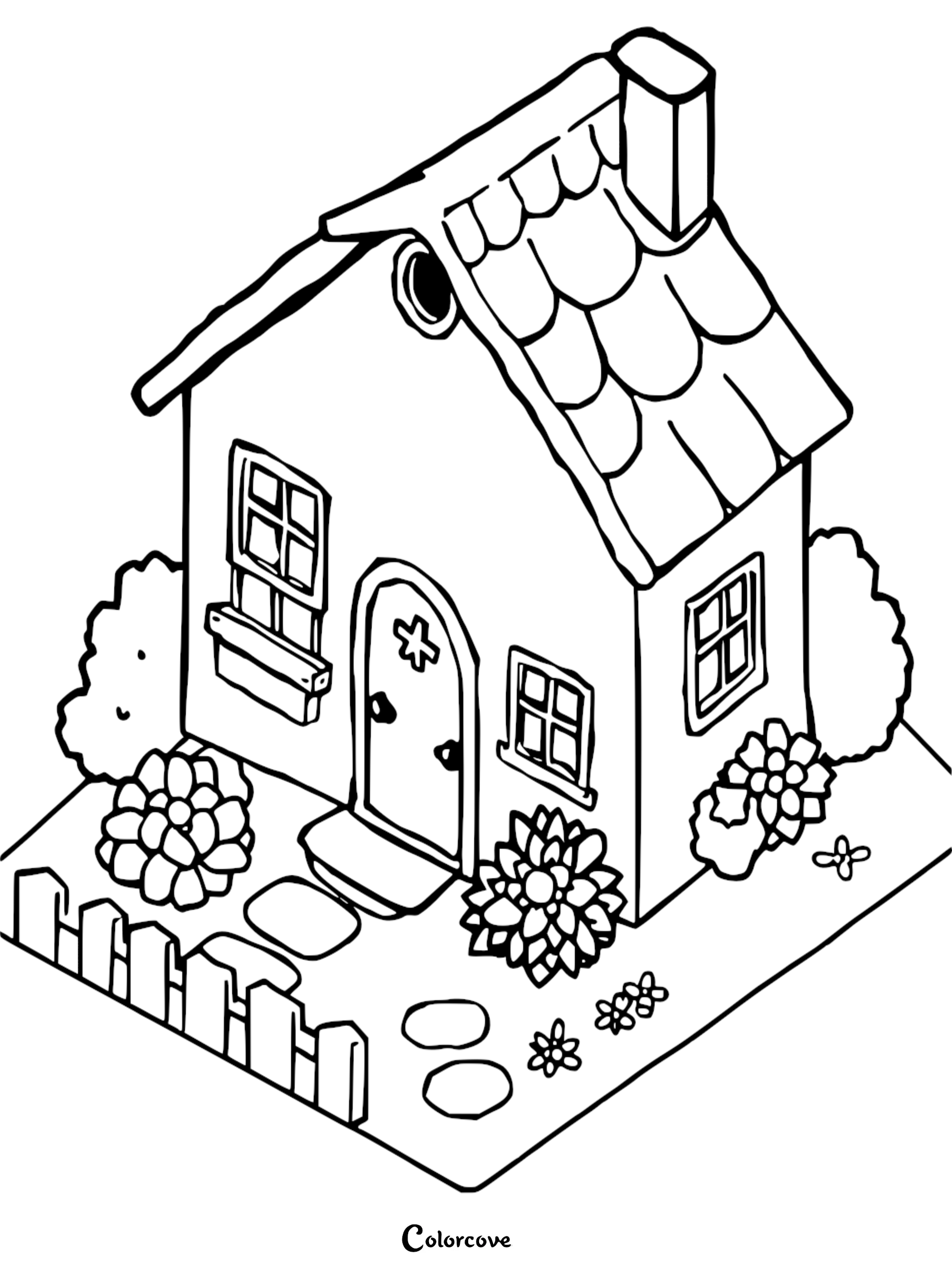 A printable coloring page featuring a cozy cottage with a picket fence, flower bushes, and a stone path.