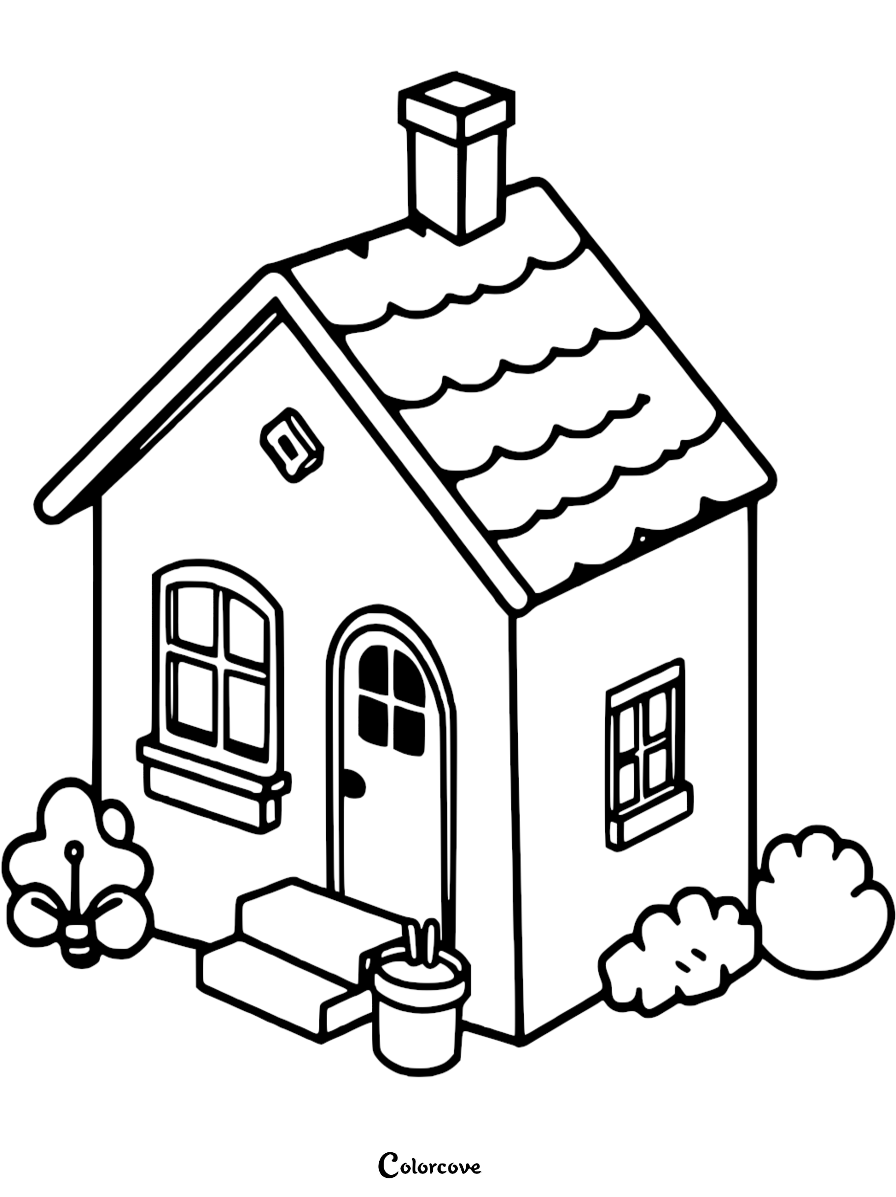 A simple line art coloring page of a cozy cottage with a chimney, arched door, and small garden bushes.