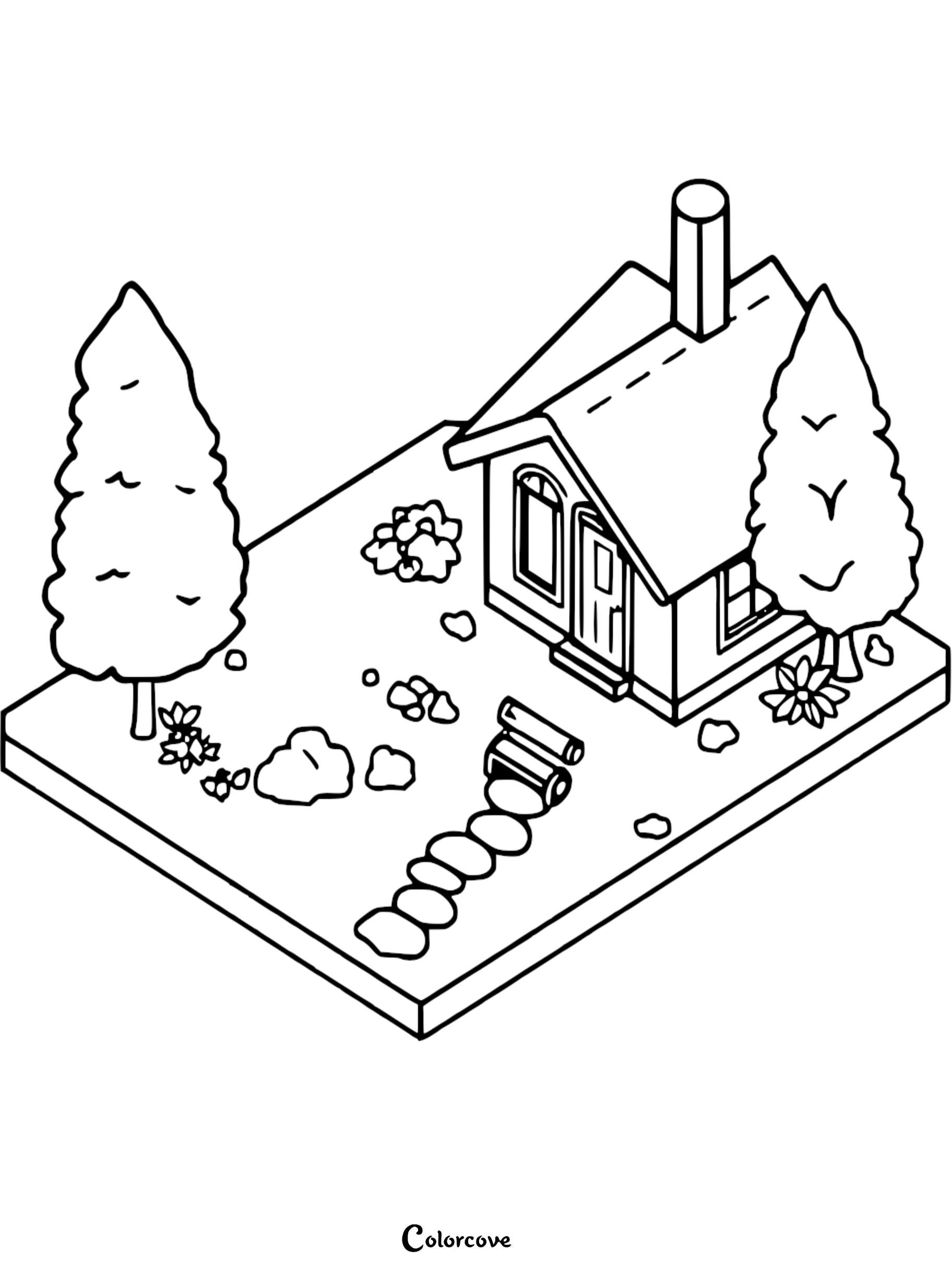 Isometric cozy cottage coloring page featuring a small house with a chimney, stone path, and two pine trees.