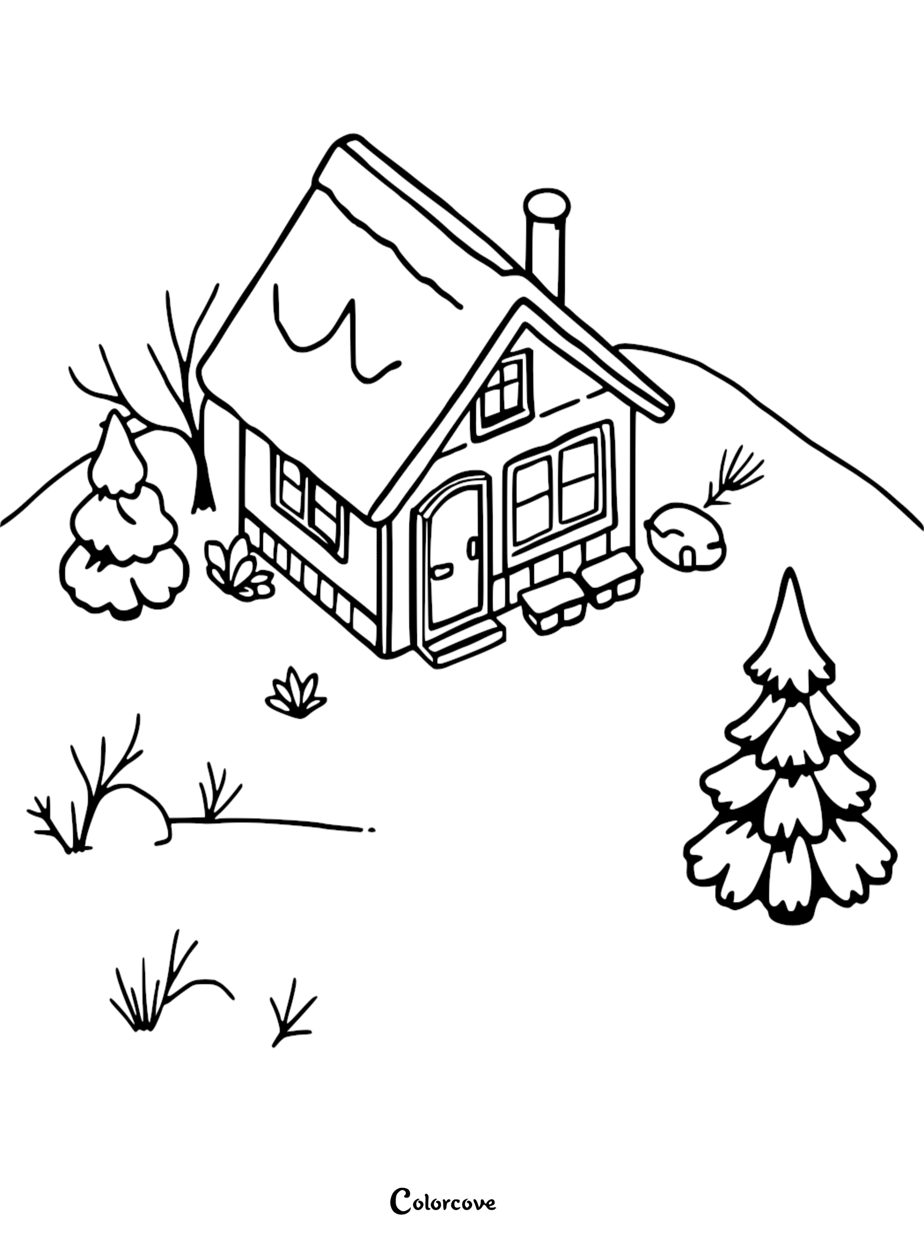 A snowy cozy cottage coloring page featuring a cabin with a chimney, pine trees, and winter landscape.
