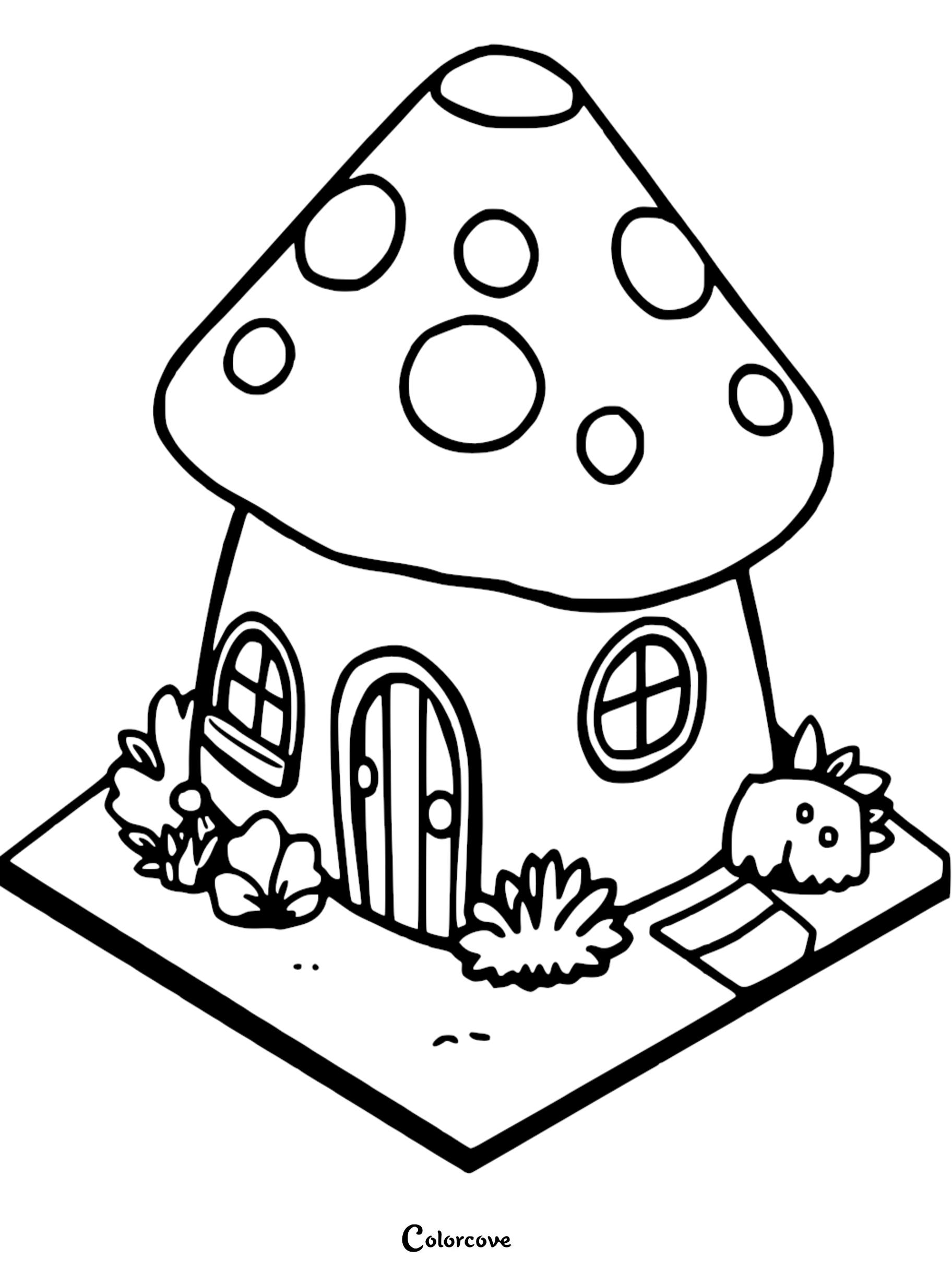 A printable coloring page featuring a whimsical mushroom cottage with polka-dot roof, arched door, and garden bushes.