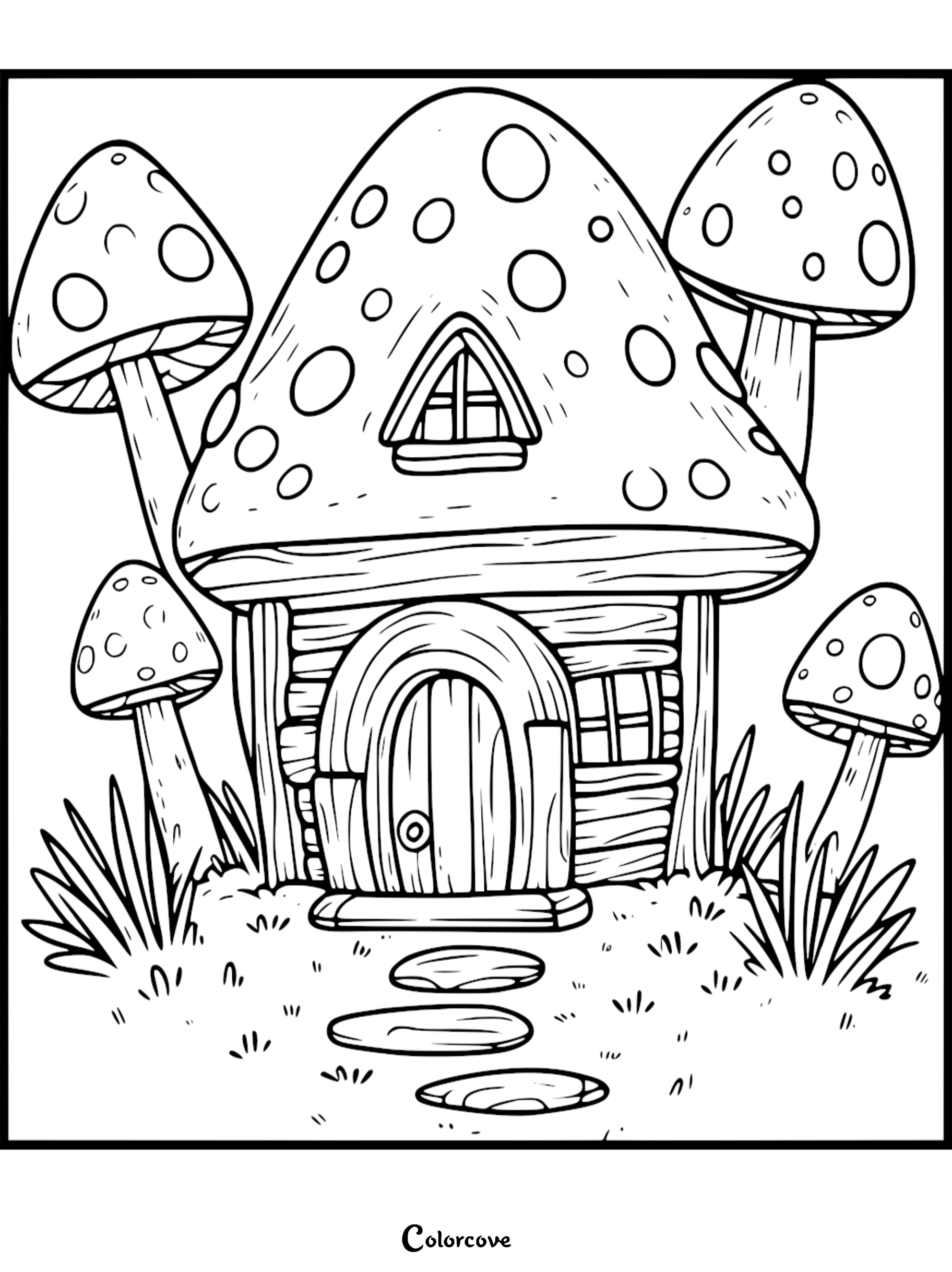 A printable coloring page featuring a whimsical cottage shaped like a large spotted mushroom surrounded by smaller mushrooms and a stone path.